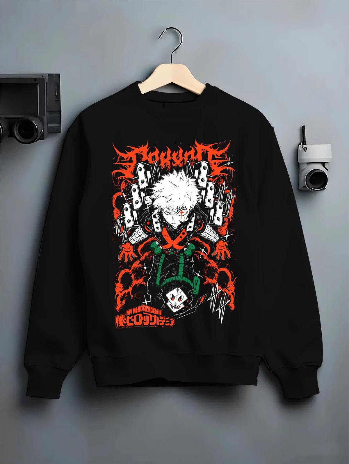 Black crewneck sweatshirt on hanger showing Katsuki Bakugo from My Hero Academia: orange explosion composition