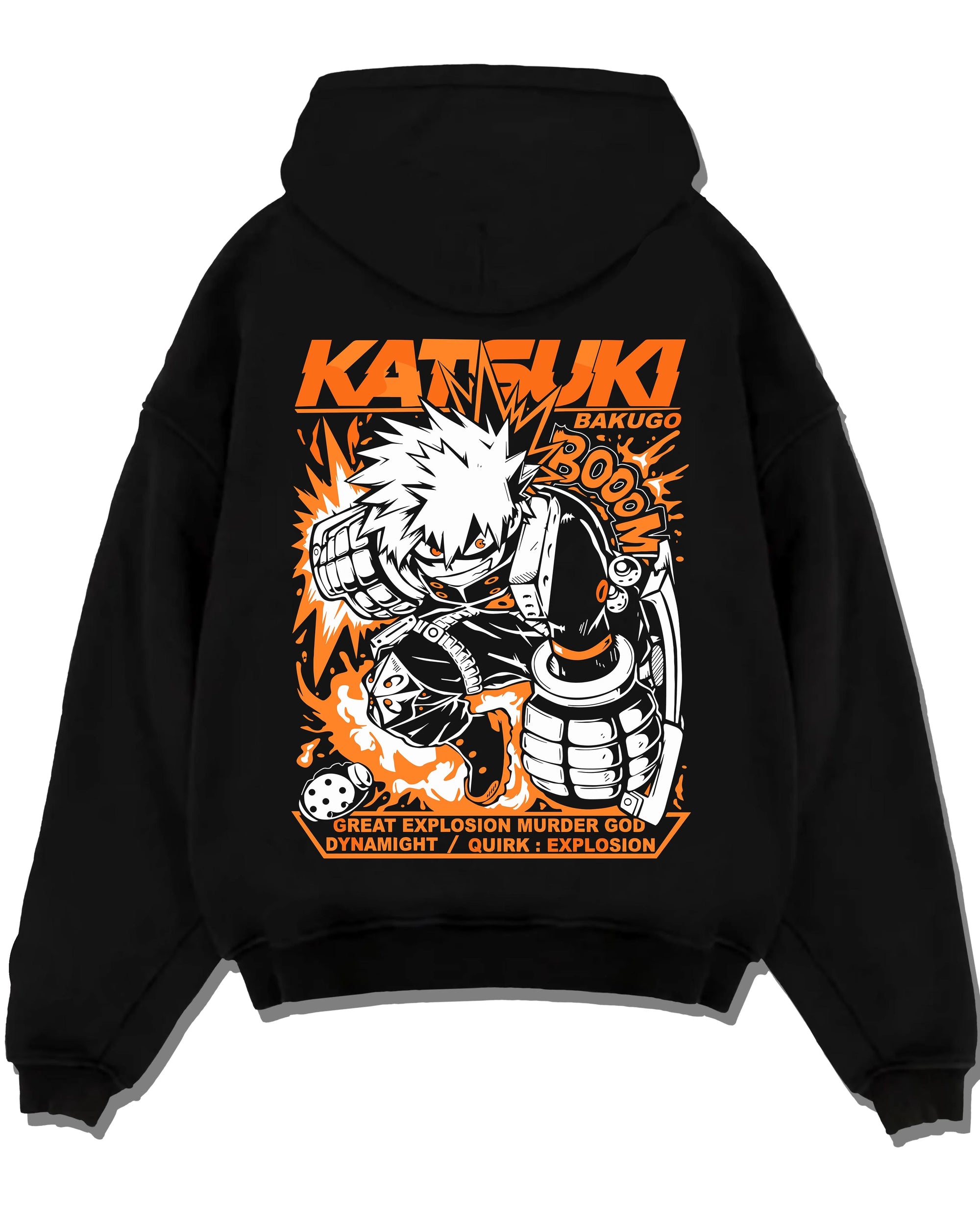 Black pullover hoodie laid flat with Bakugo Dynamight Hoodie My Hero Academia Quirk Power graphic streetwear graphic.