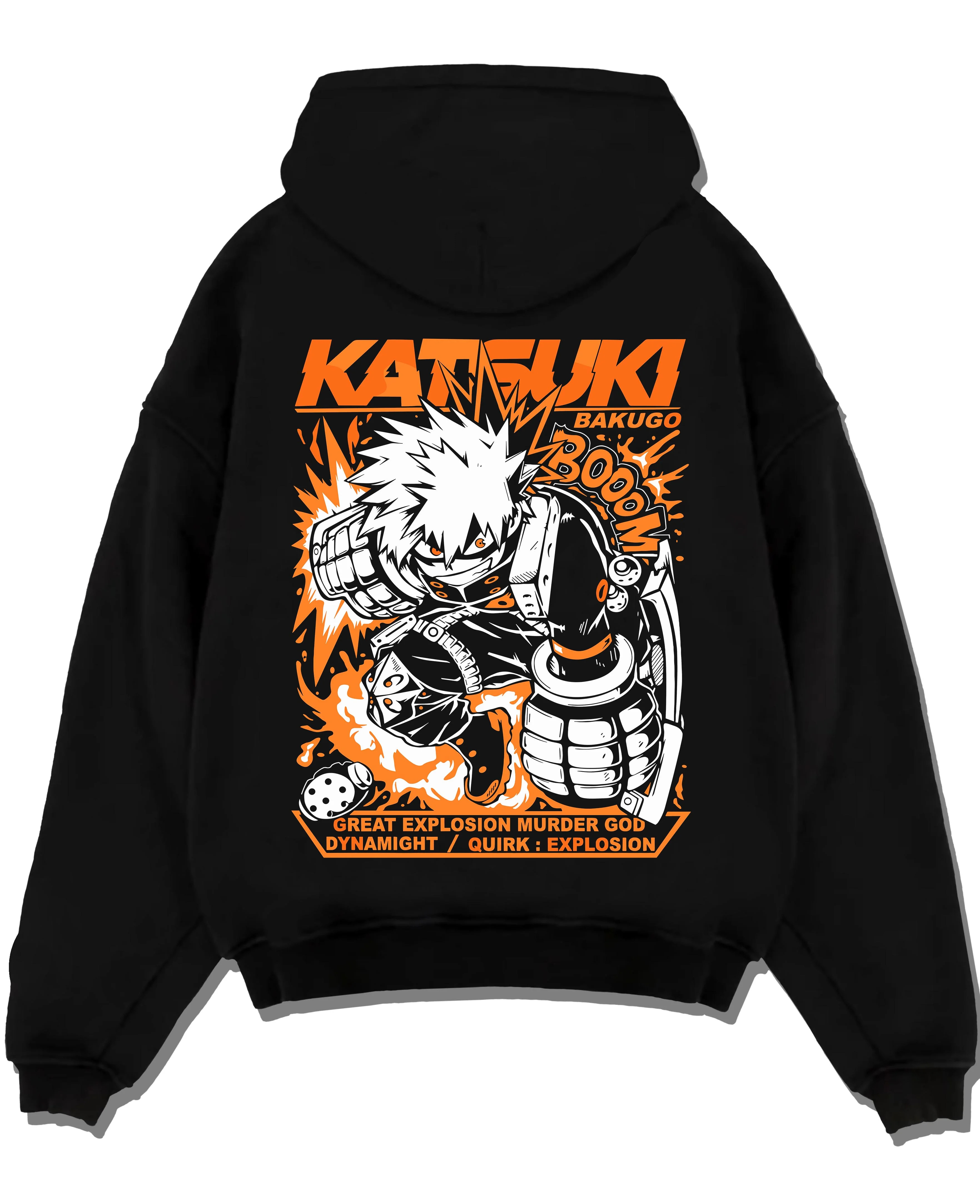 Black pullover hoodie laid flat with Bakugo Dynamight Hoodie My Hero Academia Quirk Power graphic streetwear graphic.