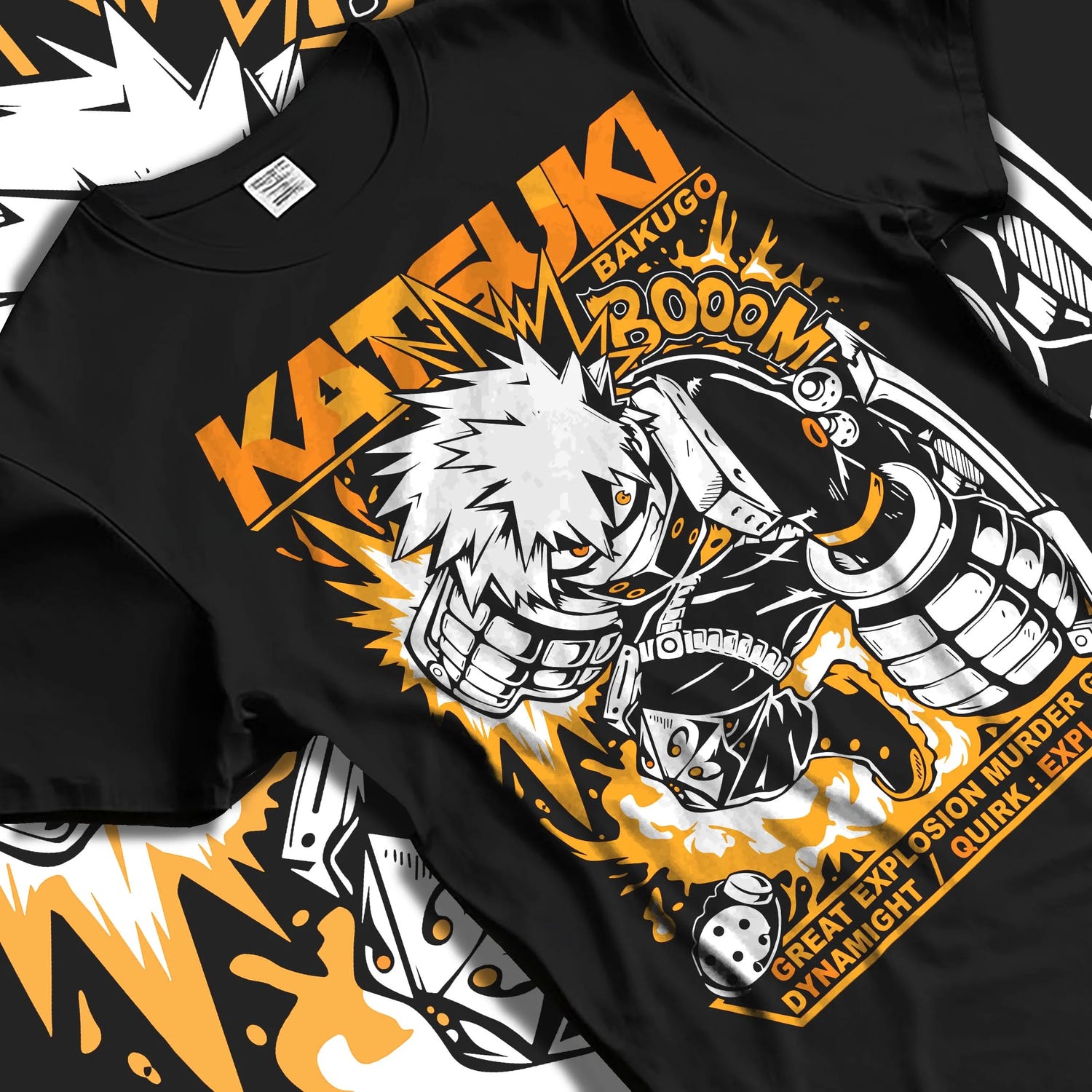 Black T-shirt laid flat with natural folds with Bakugo Dynamight Hoodie My Hero Academia Quirk Power graphic premium wear.
