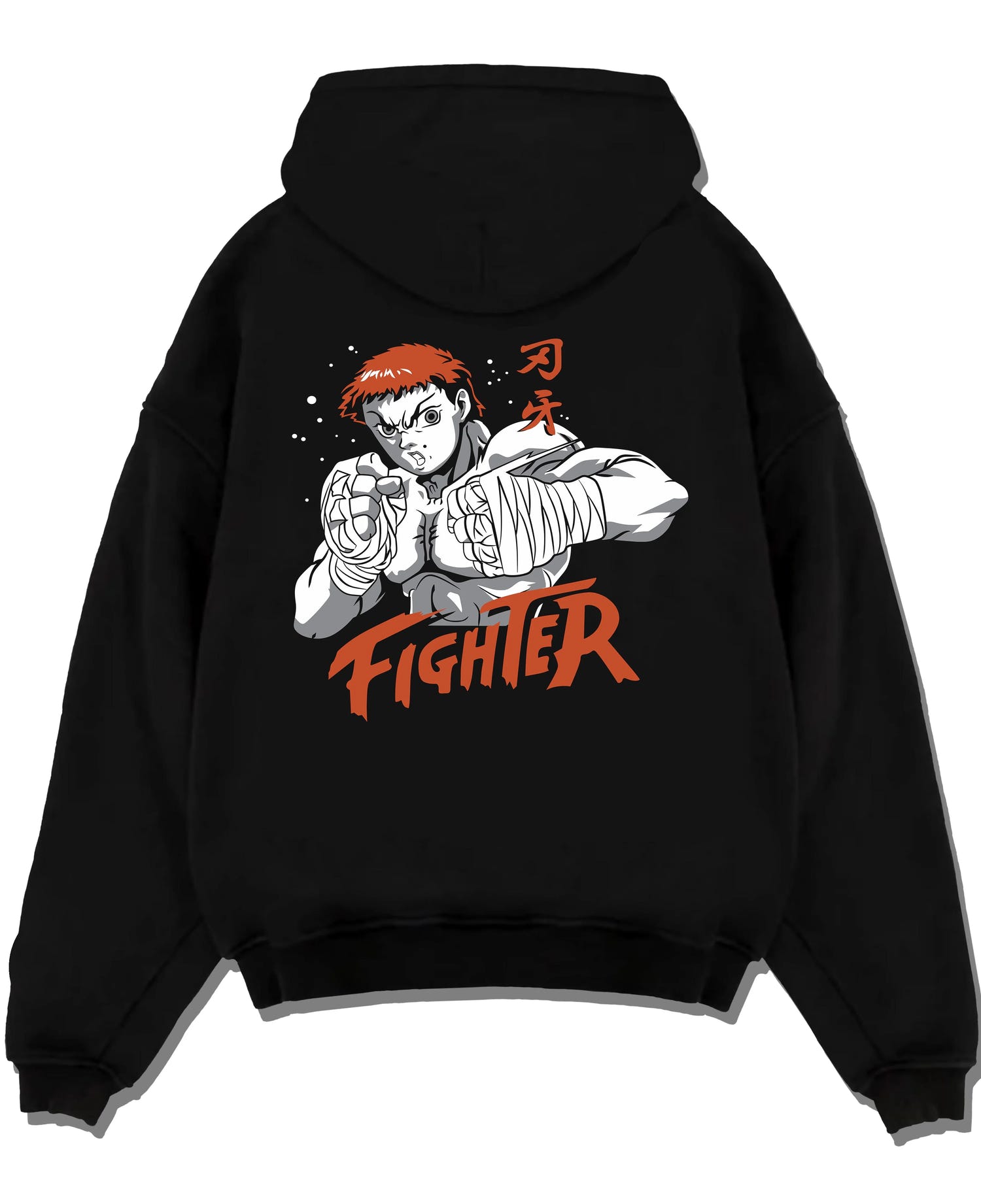 Black pullover hoodie laid flat with Baki Hanma Hoodie Grappler Baki Fighter Ring Stance graphic premium wear.