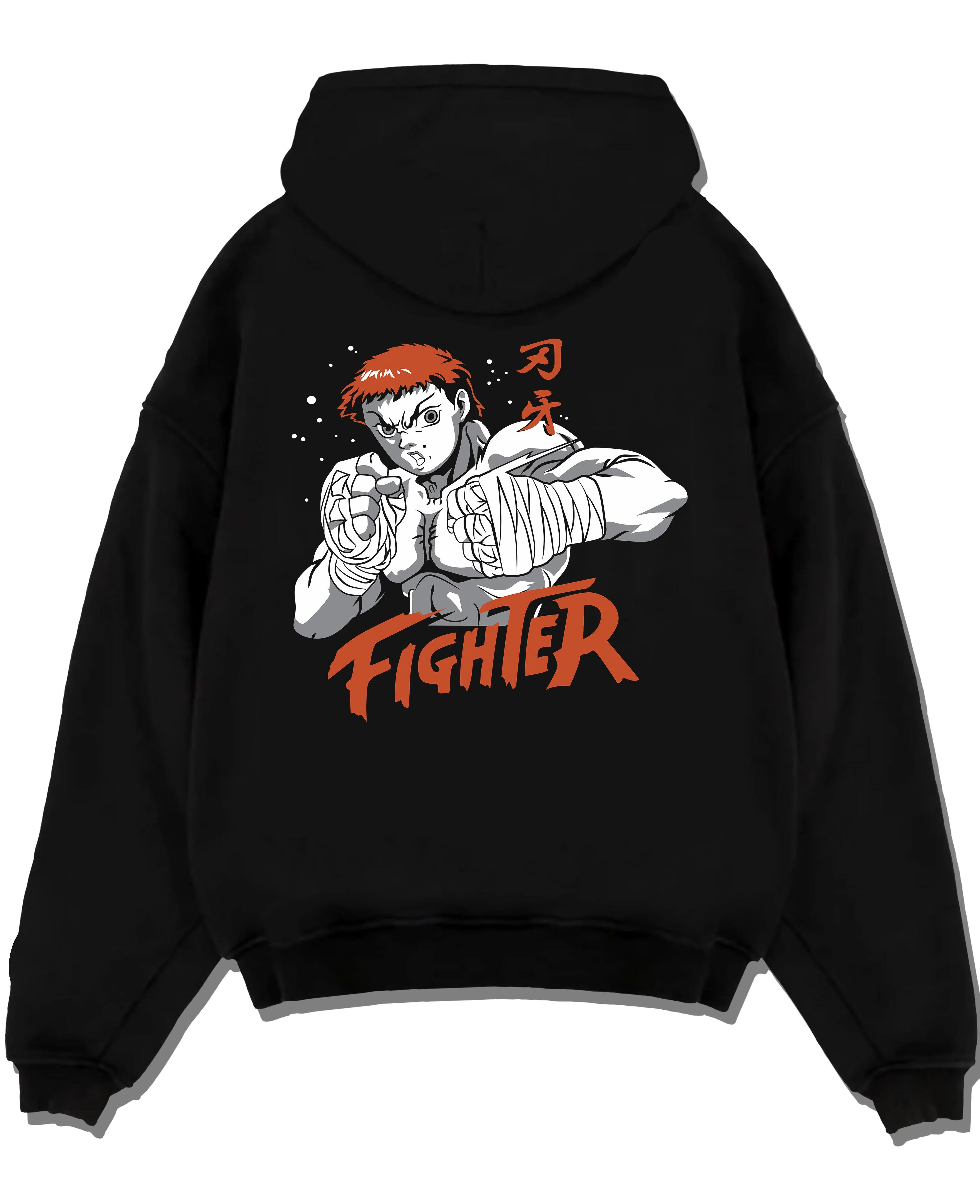 Black pullover hoodie laid flat with Baki Hanma Hoodie Grappler Baki Fighter Ring Stance graphic premium wear.