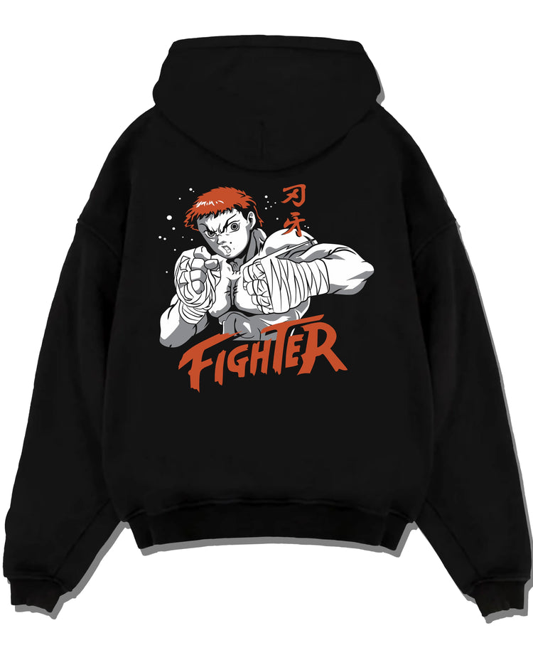 Black pullover hoodie laid flat with Baki Hanma Hoodie Grappler Baki Fighter Ring Stance graphic premium wear.
