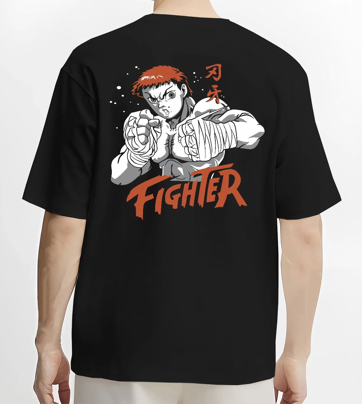 Black T-shirt worn by male model, back view with Baki Hanma Hoodie Grappler Baki Fighter Ring Stance graphic streetwear graphic.