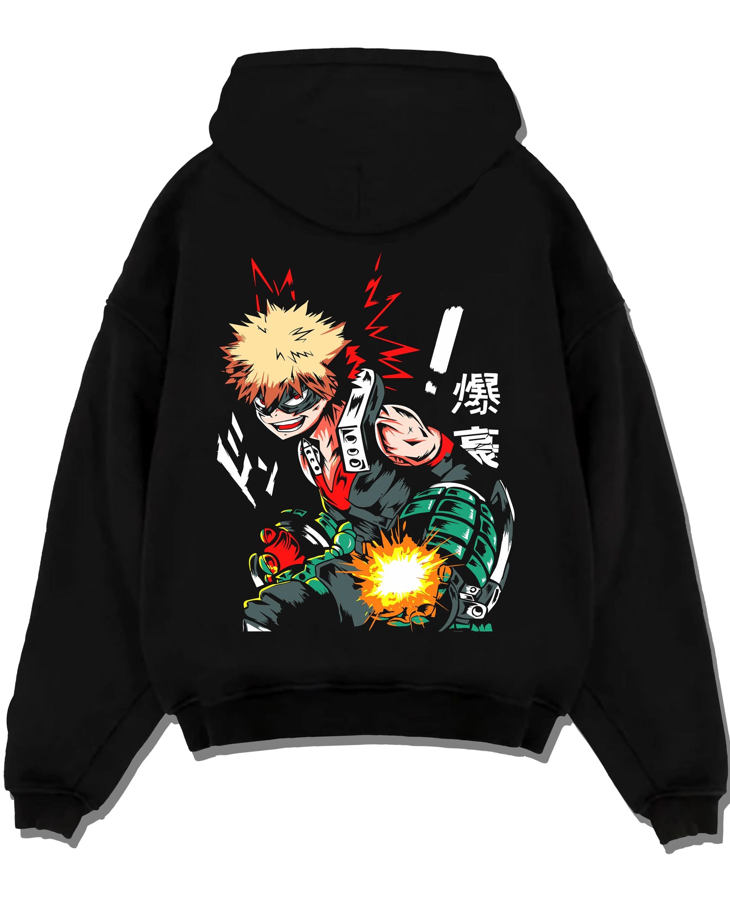 Black pullover hoodie laid flat with Bakugo Hero Hoodie My Hero Academia Green Blast Scene graphic premium wear.