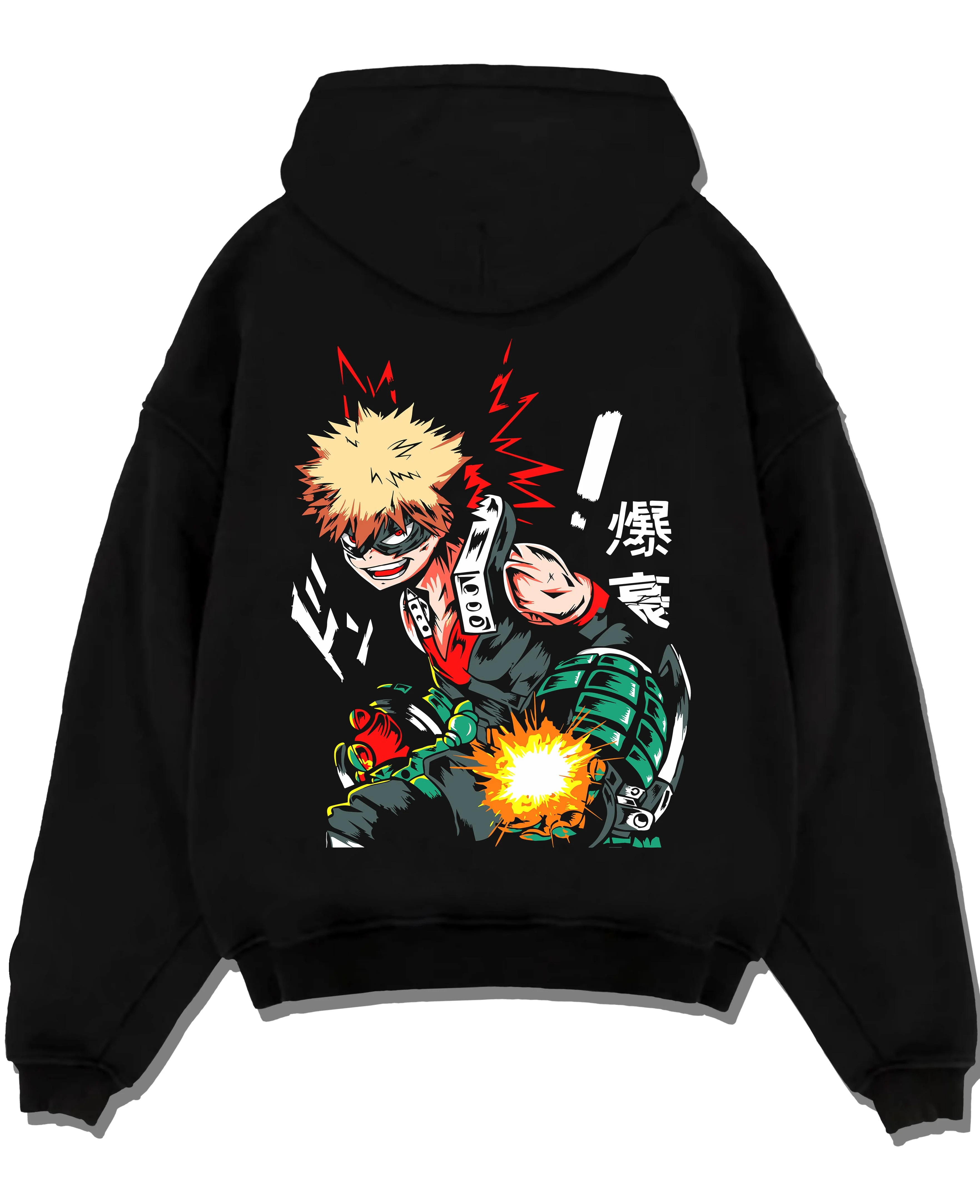 Black pullover hoodie laid flat with Bakugo Hero Hoodie My Hero Academia Green Blast Scene graphic premium wear.