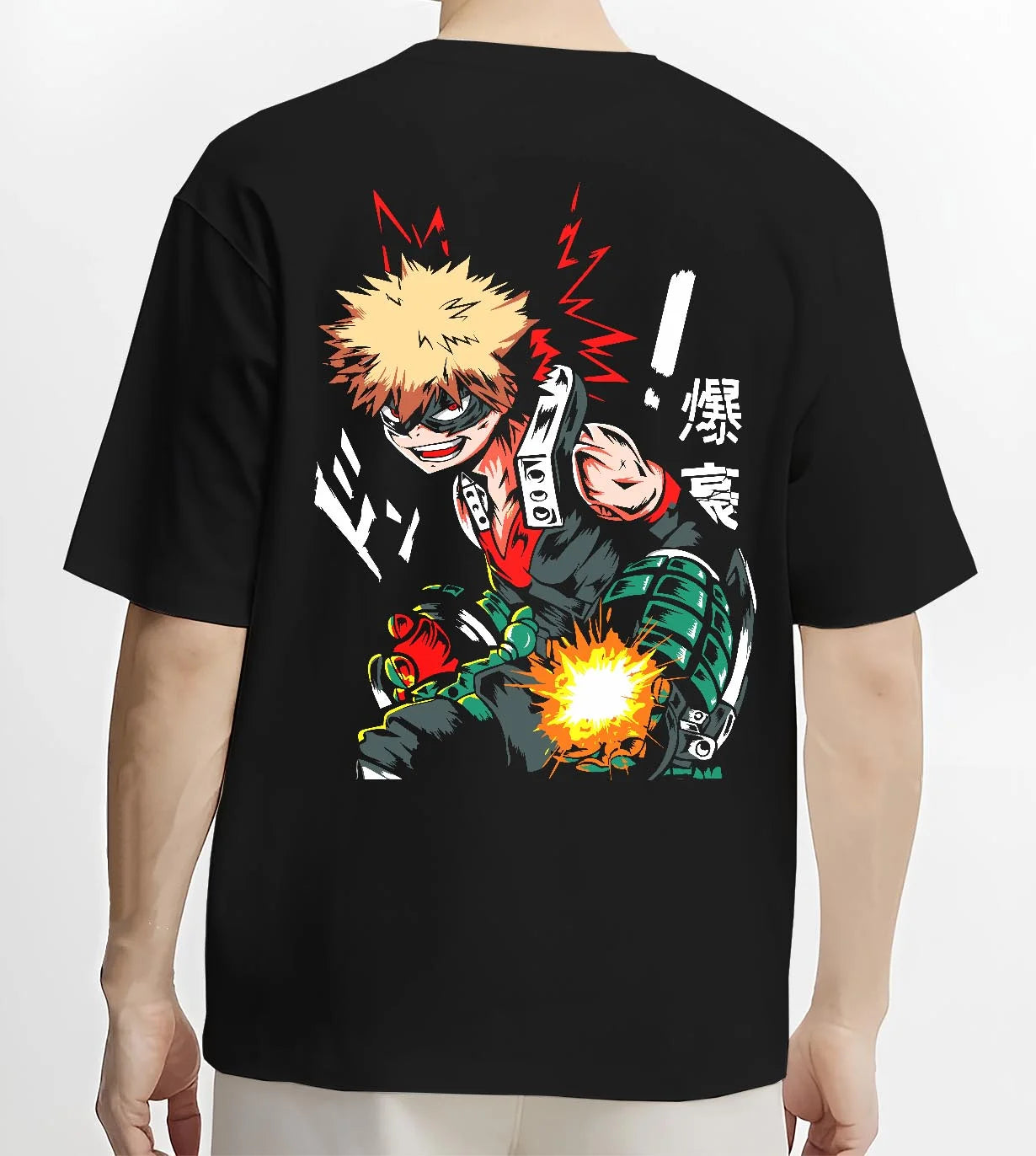 Black T-shirt worn by male model, back view with Bakugo Hero Hoodie My Hero Academia Green Blast Scene graphic premium wear.