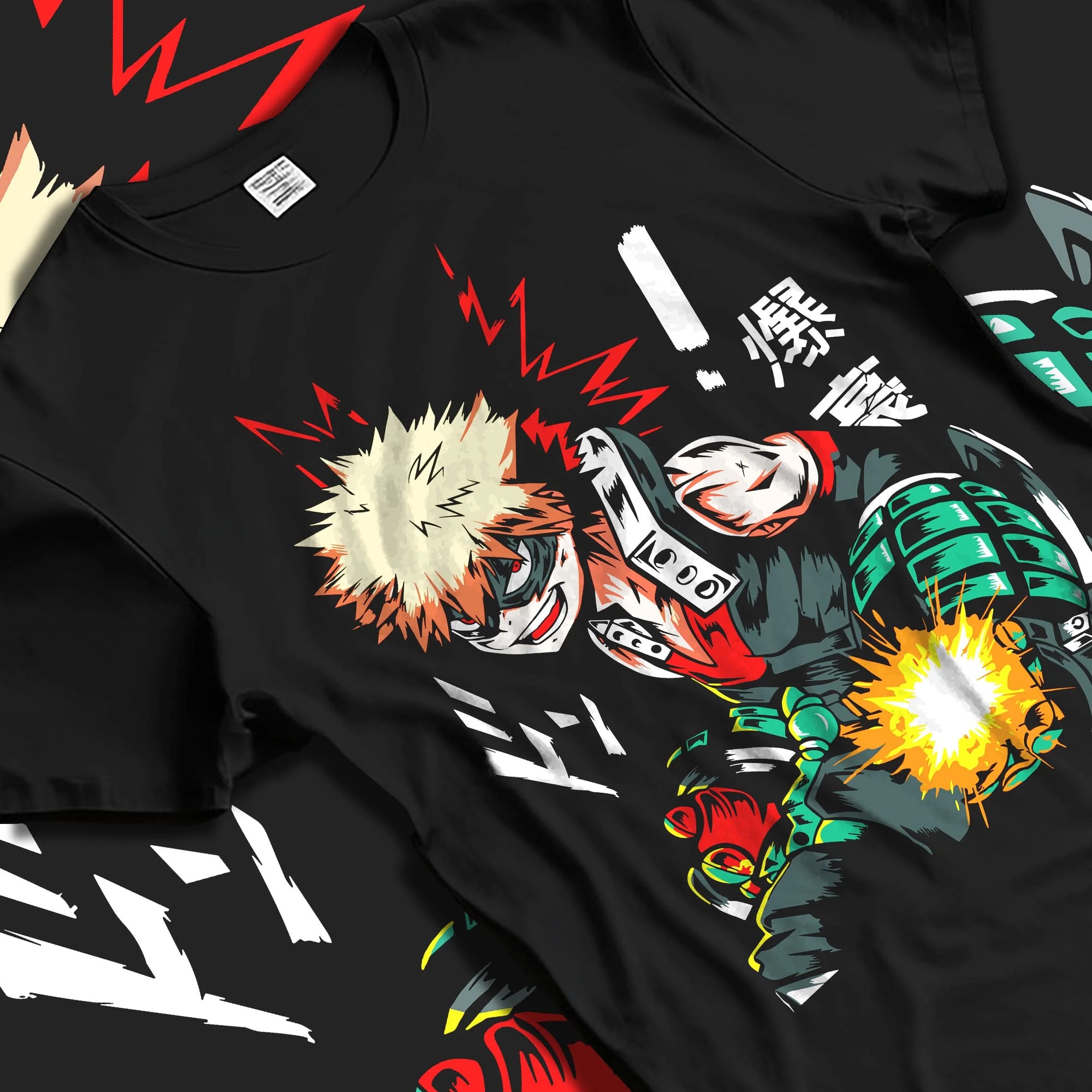 Black T-shirt laid flat with natural folds with Bakugo Hero Hoodie My Hero Academia Green Blast Scene graphic bold anime graphic.