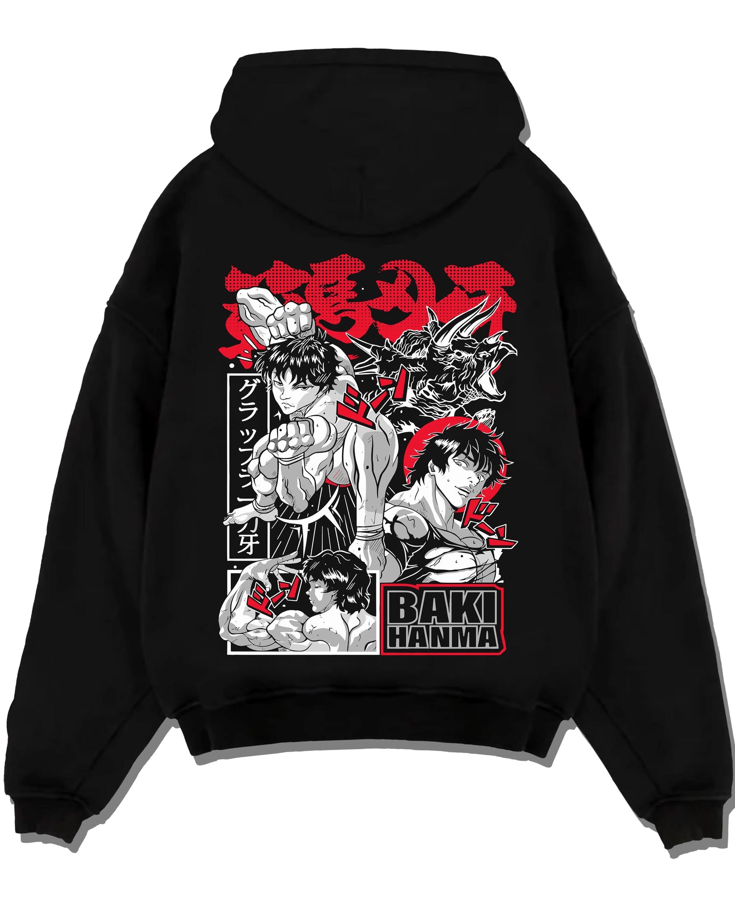 Black pullover hoodie laid flat with Baki vs Bakugo Hoodie Crossover Hero Fighting Poster graphic bold anime graphic.