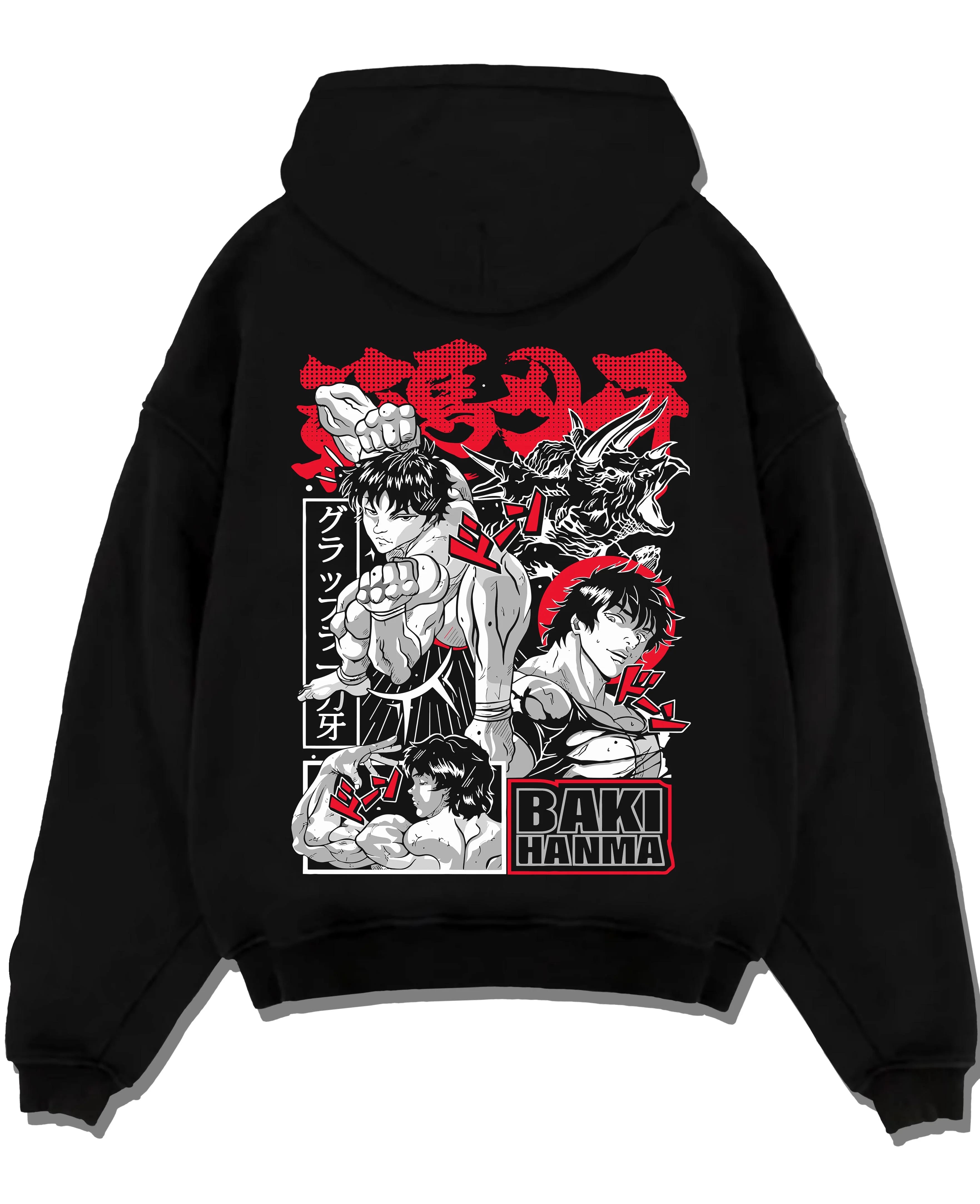 Black pullover hoodie laid flat with Baki vs Bakugo Hoodie Crossover Hero Fighting Poster graphic bold anime graphic.