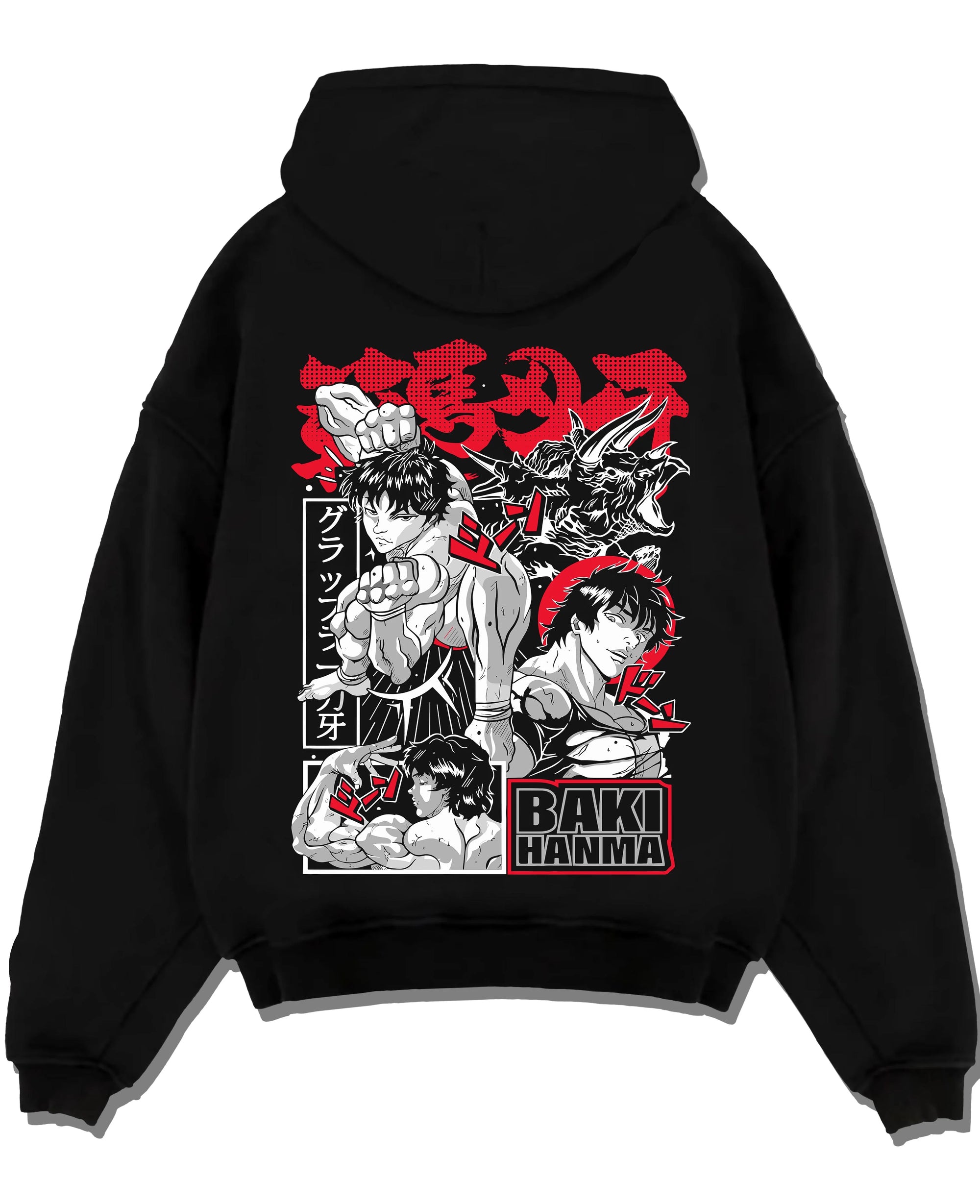 Black pullover hoodie laid flat with Baki vs Bakugo Hoodie Crossover Hero Fighting Poster graphic bold anime graphic.