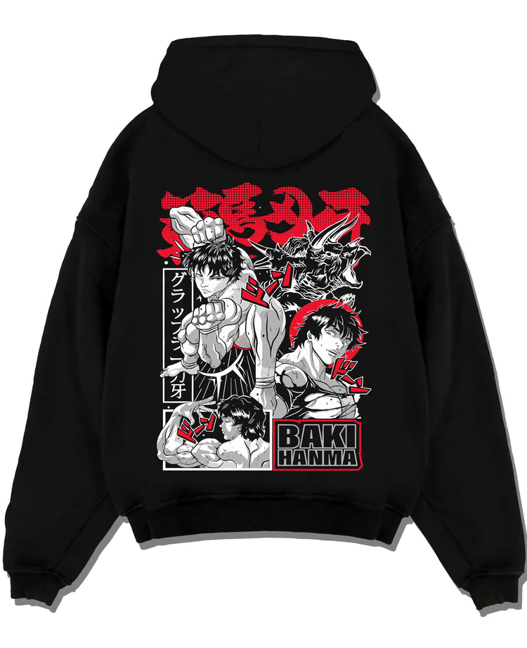 Black pullover hoodie laid flat with Baki vs Bakugo Hoodie Crossover Hero Fighting Poster graphic bold anime graphic.