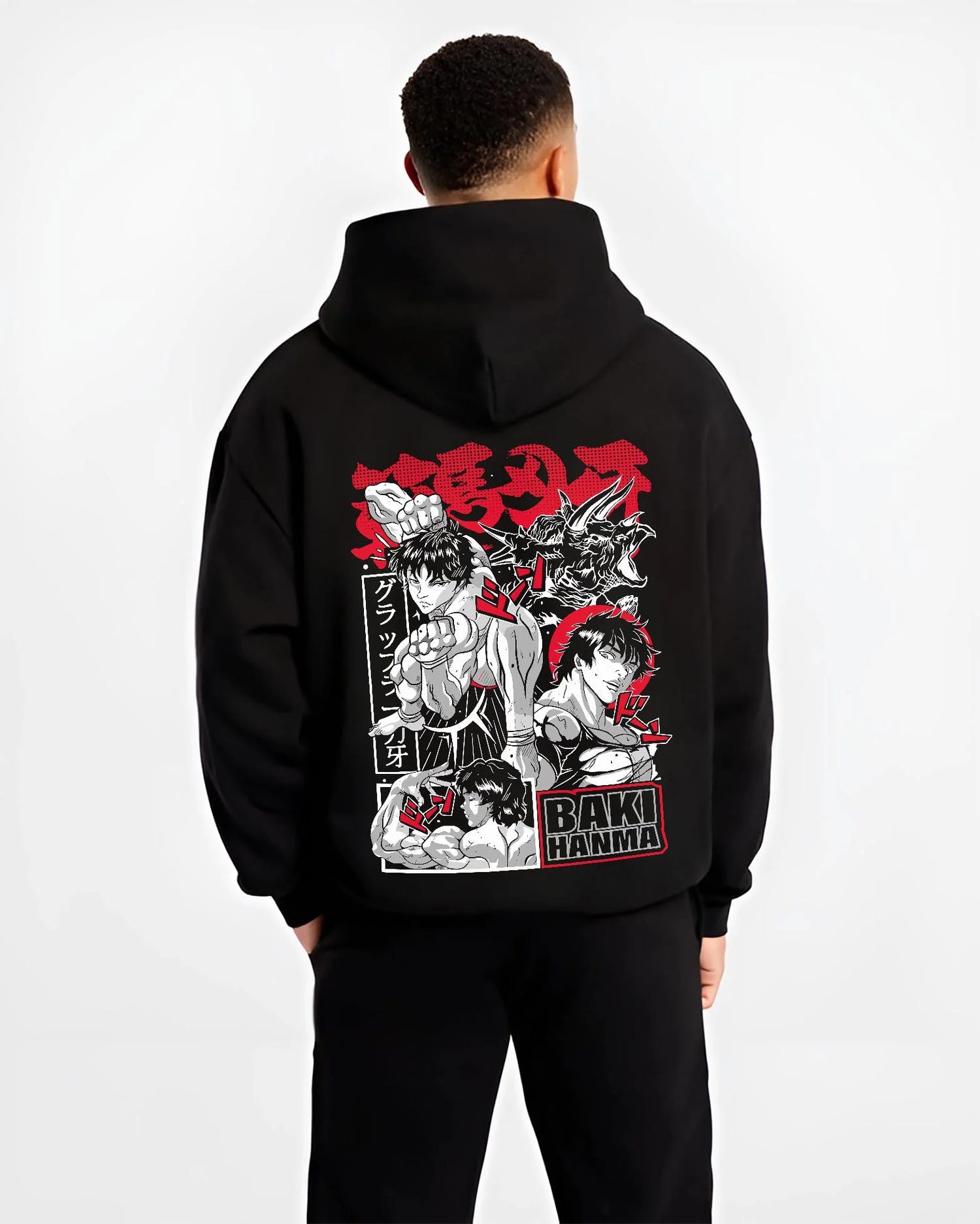 Black hoodie worn by male model, back view with Baki vs Bakugo Hoodie Crossover Hero Fighting Poster graphic streetwear graphic.