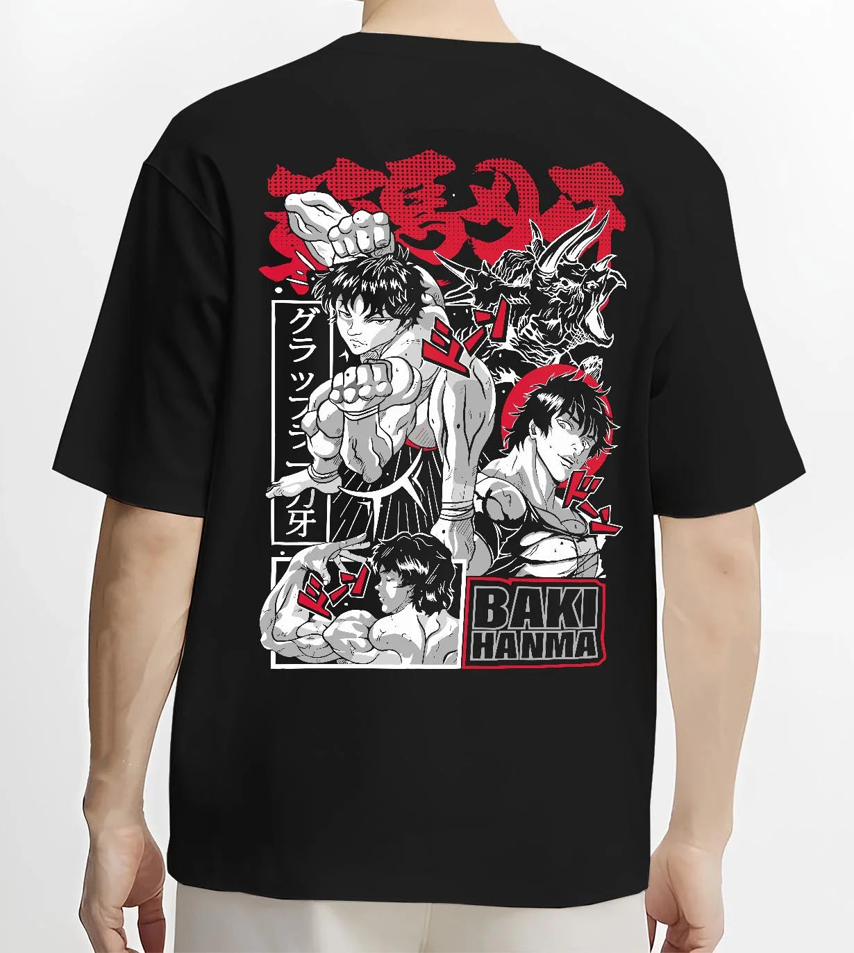 Black T-shirt worn by male model, back view with Baki vs Bakugo Hoodie Crossover Hero Fighting Poster graphic bold anime graphic.