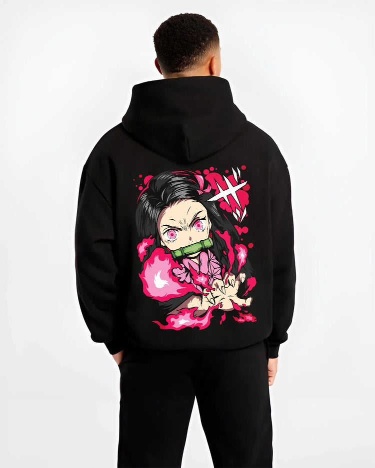 Black hoodie worn by male model from the back featuring Nezuko Kamado Demon Slayer blood art artwork.