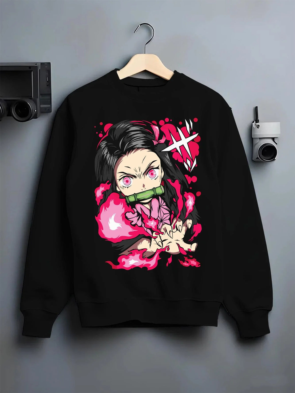 Black crewneck sweatshirt on hanger featuring Nezuko Kamado Demon Slayer blood art artwork.