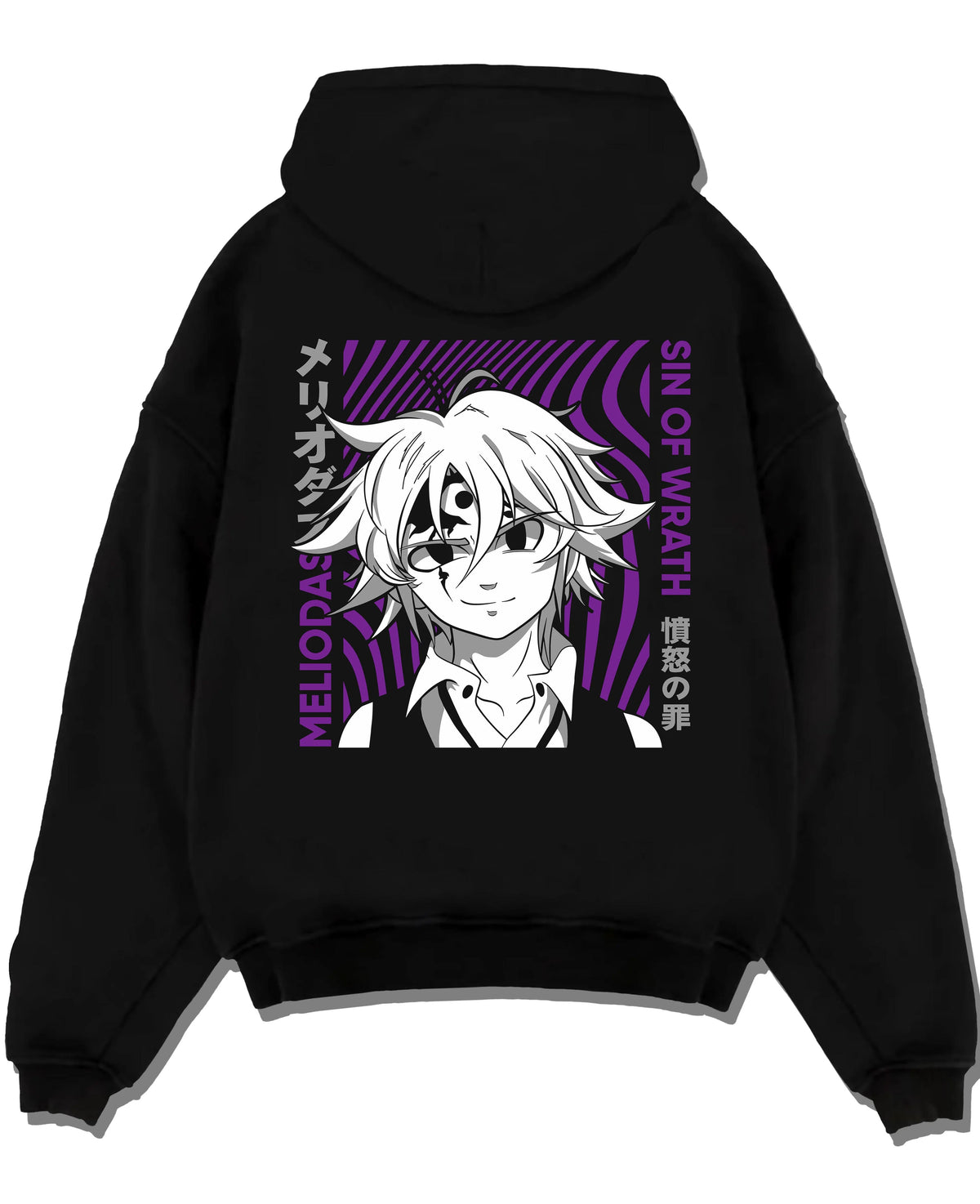 Black hoodie laid flat featuring Ban Fox Sin Seven Deadly Sins artwork with bold anime graphic print.