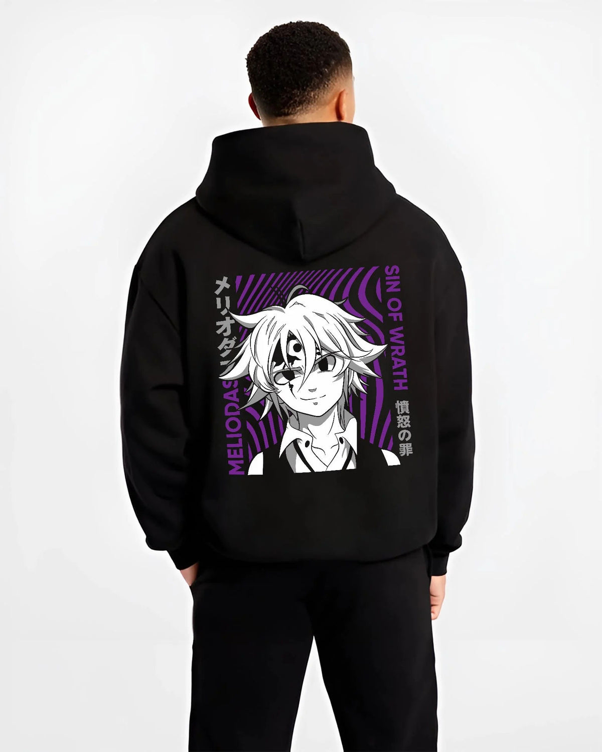 Black hoodie worn by male model from the back featuring Ban Fox Sin Seven Deadly Sins artwork.