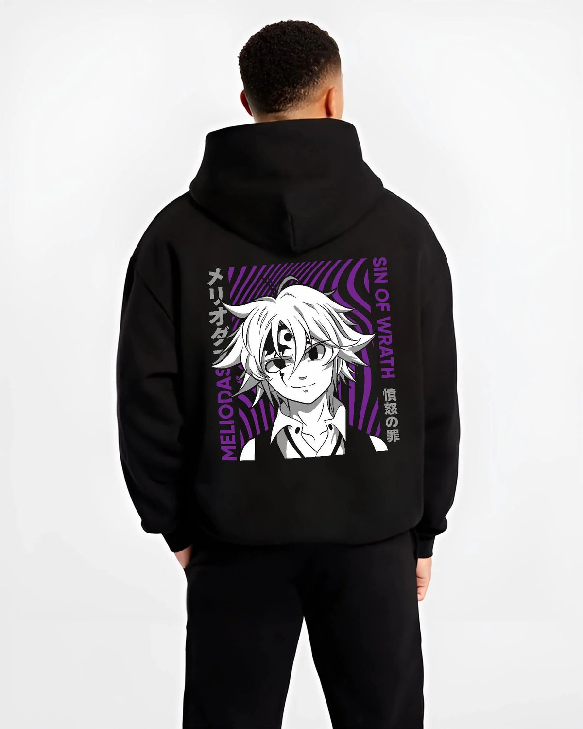 Black hoodie worn by male model from the back featuring Ban Fox Sin Seven Deadly Sins artwork.