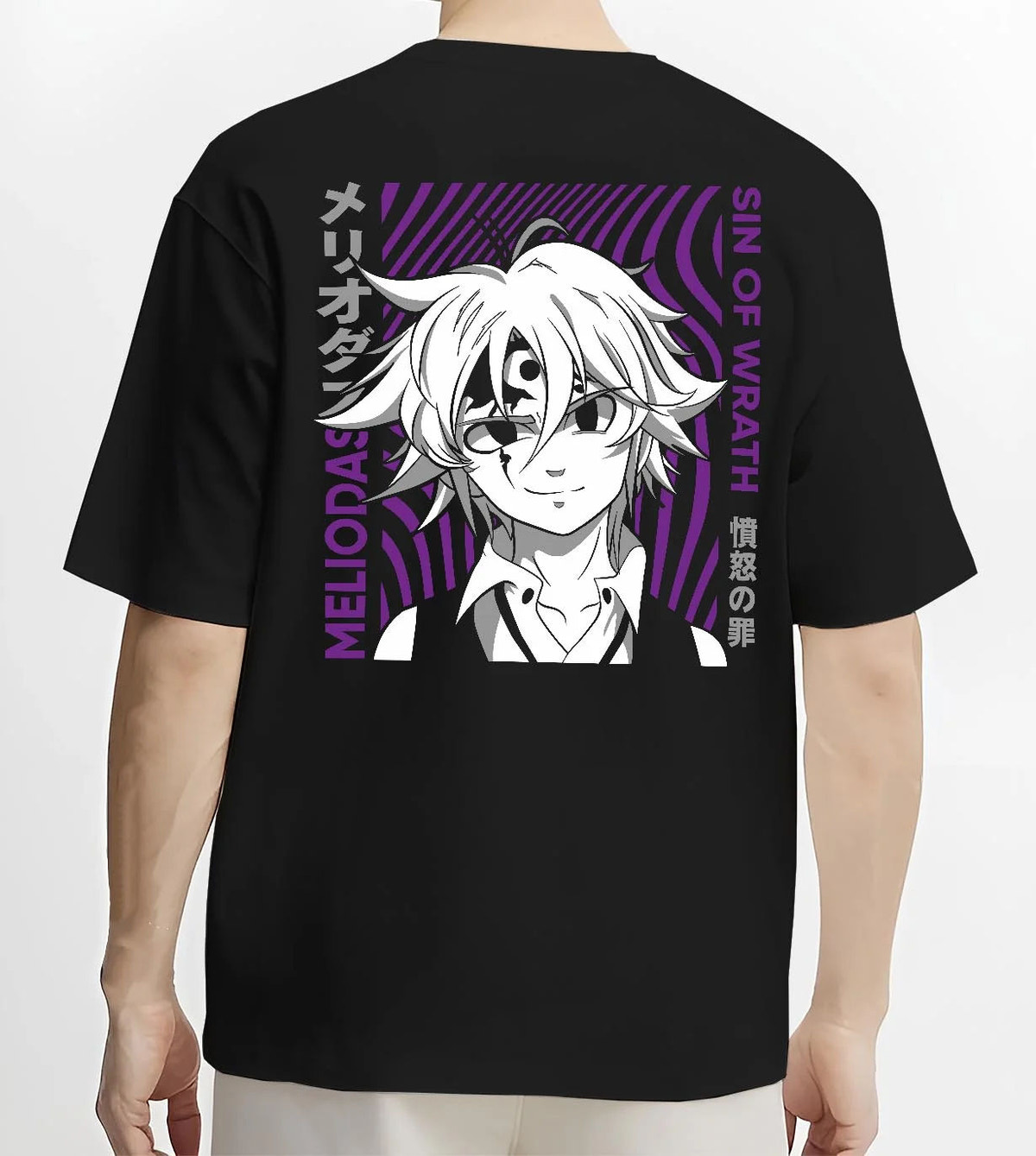 Black T-shirt worn by male model from the back featuring Ban Fox Sin Seven Deadly Sins artwork.