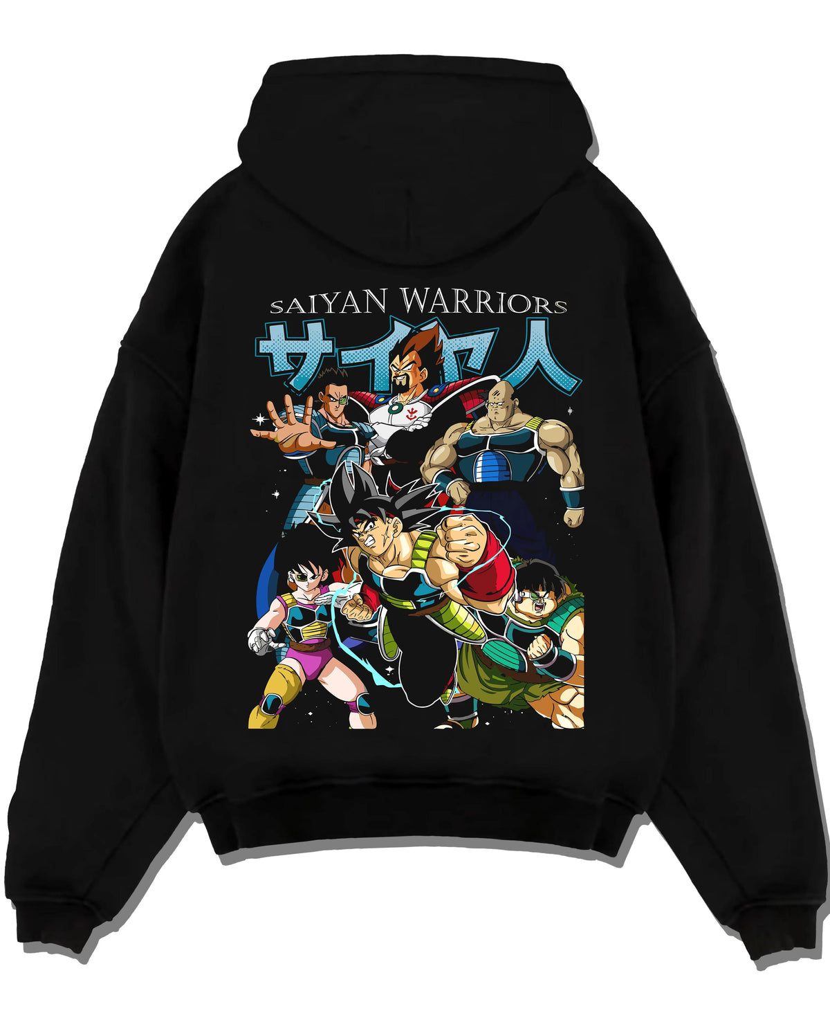 Black hoodie laid flat featuring Bardock Dragon Ball Z Saiyan warrior artwork with bold anime graphic print.