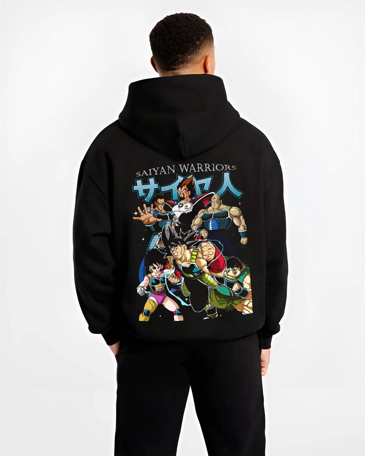 Black hoodie worn by male model from the back featuring Bardock Dragon Ball Z Saiyan warrior artwork.