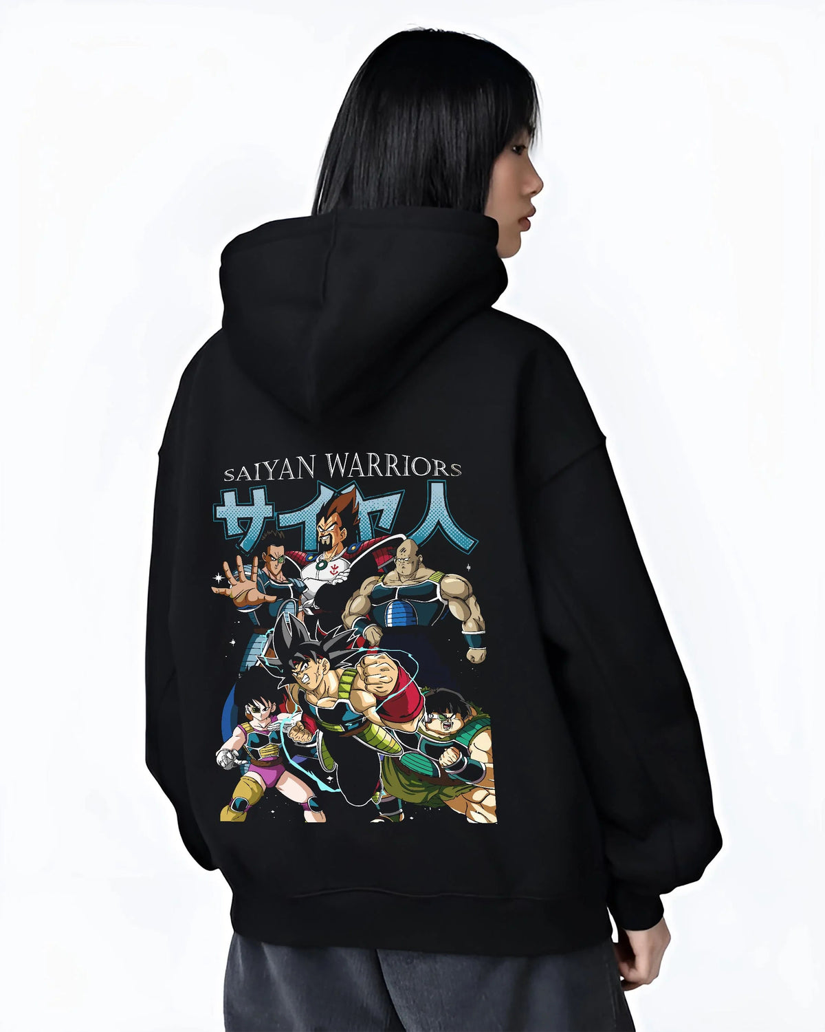 Black hoodie worn by female model from the back featuring Bardock Dragon Ball Z Saiyan warrior artwork.