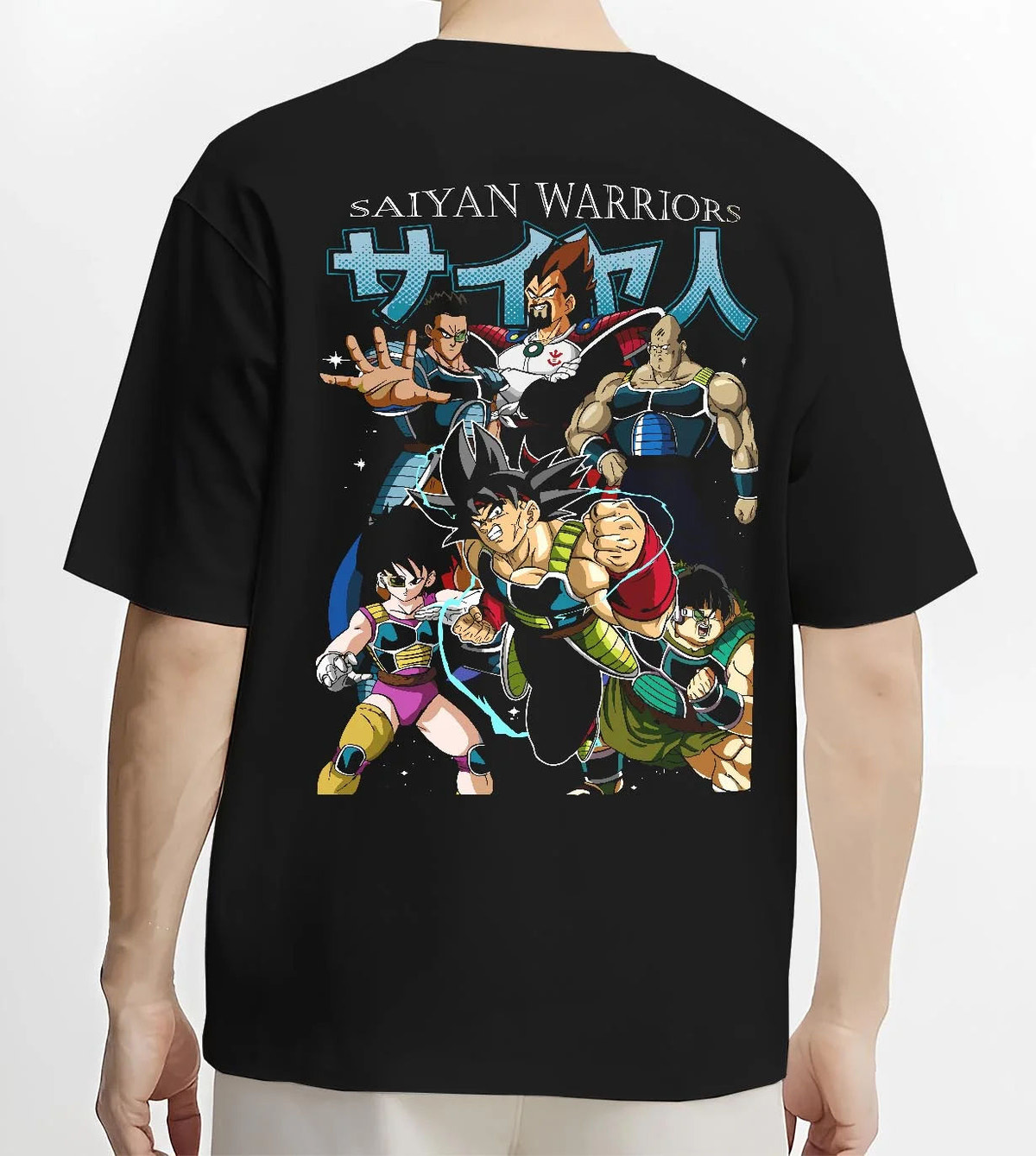 Black T-shirt worn by male model from the back featuring Bardock Dragon Ball Z Saiyan warrior artwork.