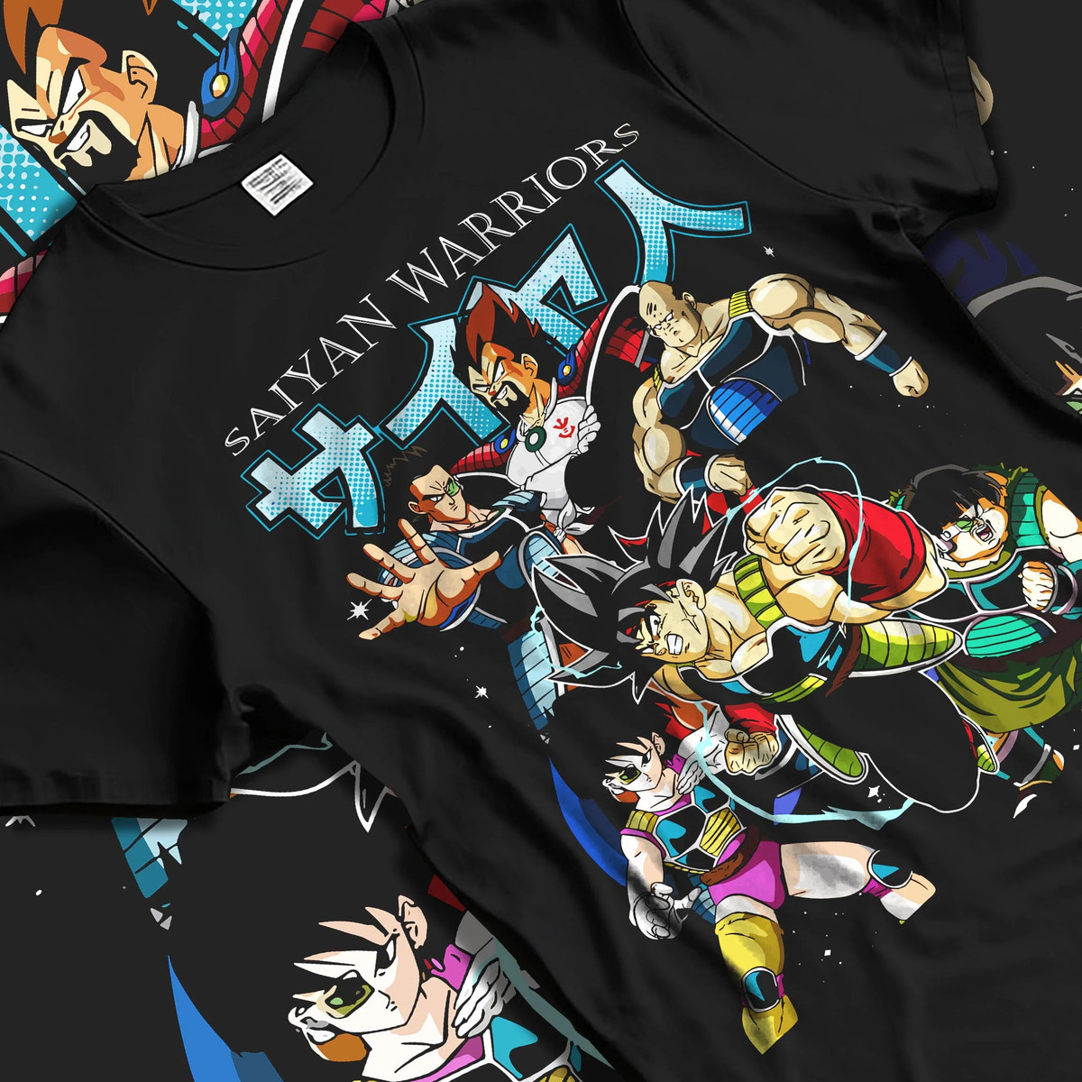 Black T-shirt laid flat with natural folds featuring Bardock Dragon Ball Z Saiyan warrior artwork.