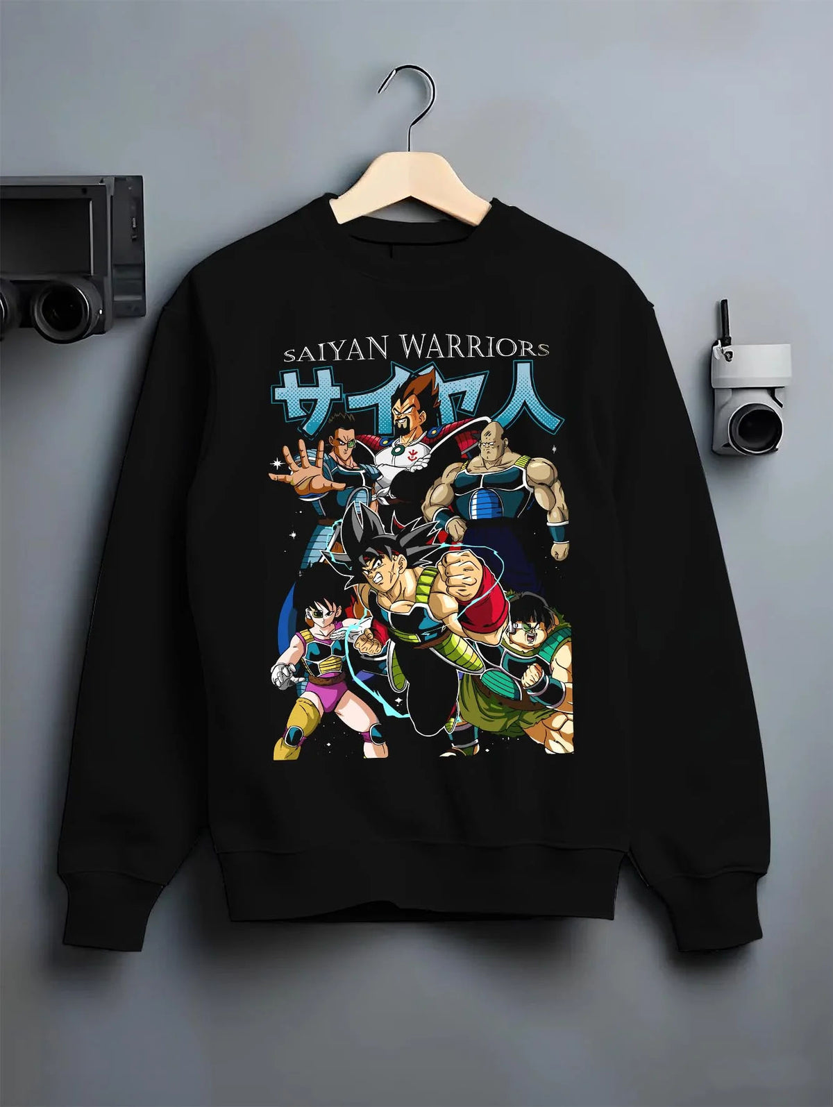Black crewneck sweatshirt on hanger featuring Bardock Dragon Ball Z Saiyan warrior artwork.