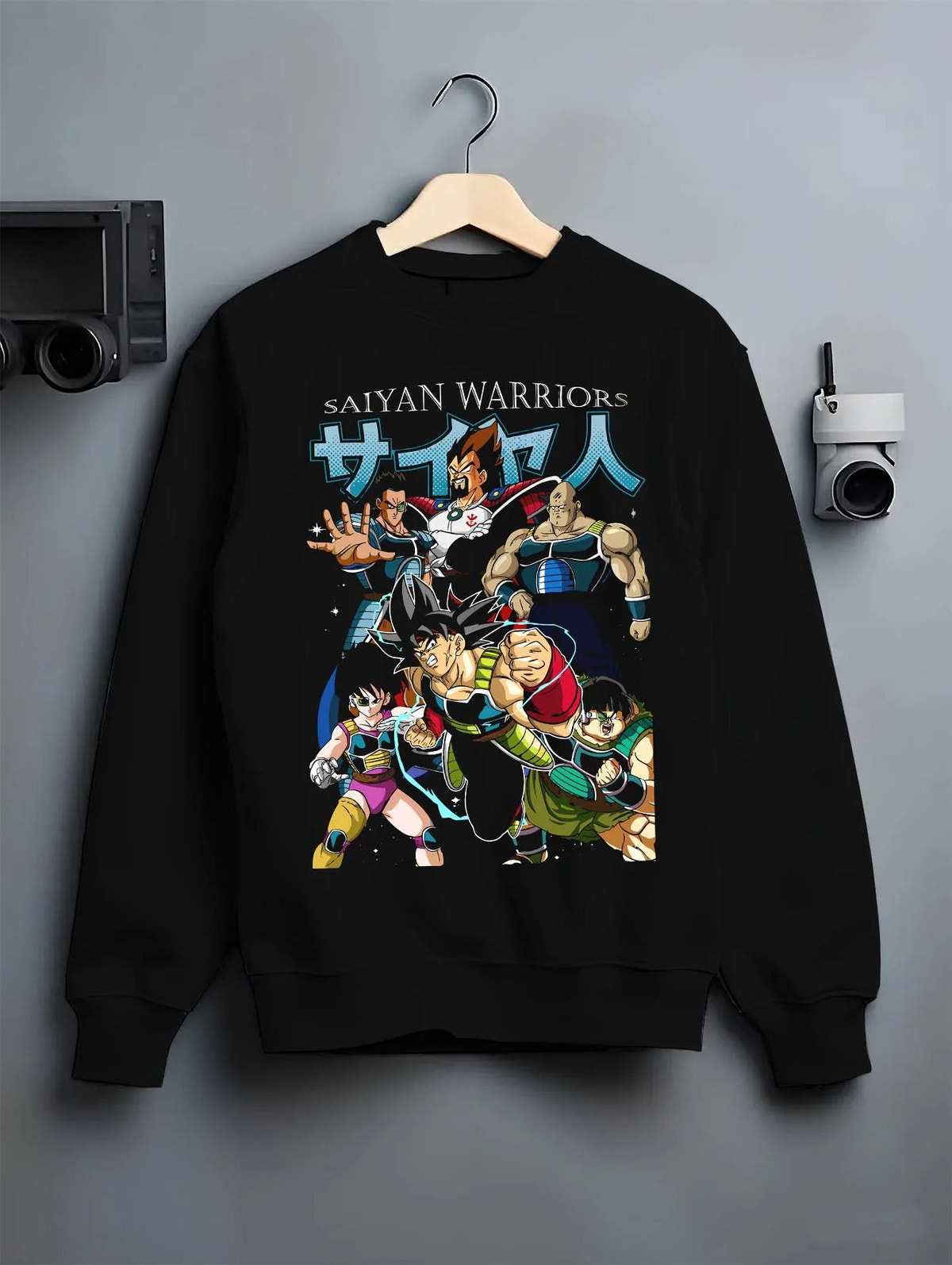 Black crewneck sweatshirt on hanger featuring Bardock Dragon Ball Z Saiyan warrior artwork.