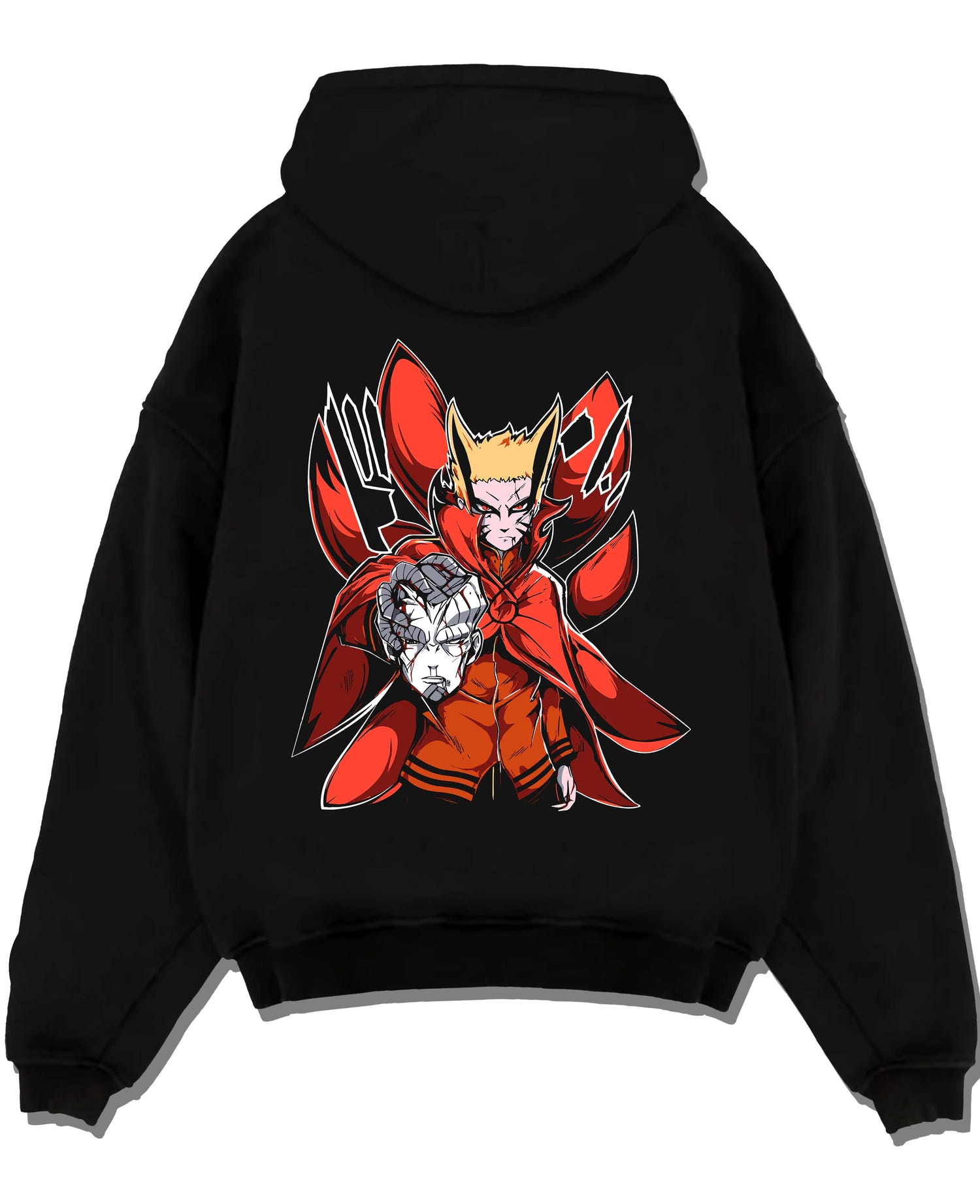 Black pullover hoodie laid flat with Naruto Uzumaki Hoodie Baryon Mode Battle Jumper graphic premium wear.