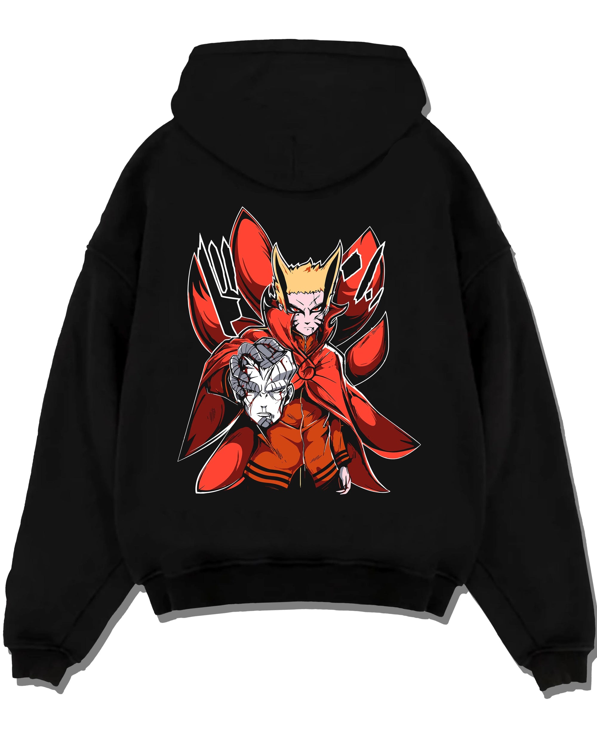 Black pullover hoodie laid flat with Naruto Uzumaki Hoodie Baryon Mode Battle Jumper graphic premium wear.