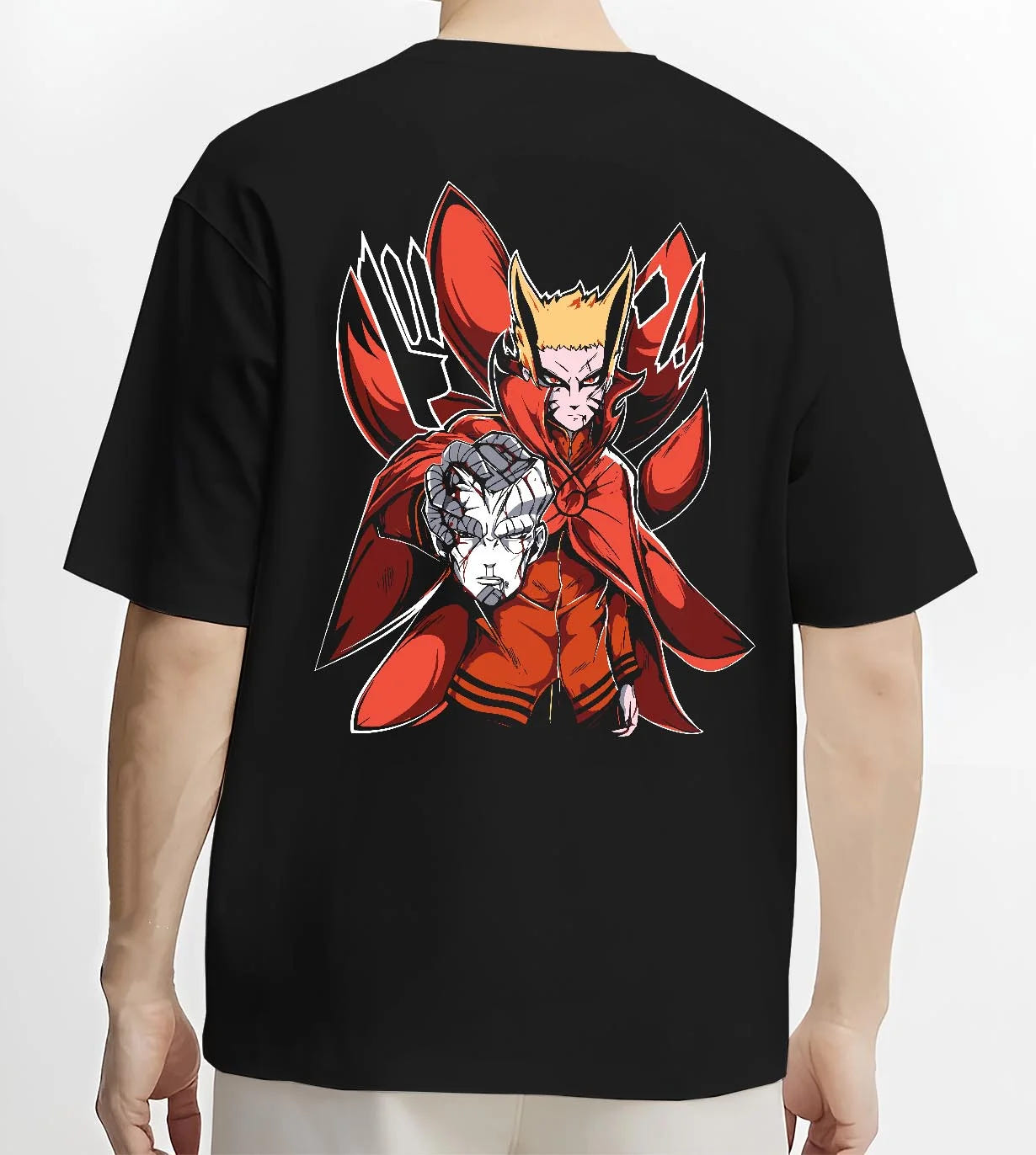 Black T-shirt worn by male model, back view with Naruto Uzumaki Hoodie Baryon Mode Battle Jumper graphic premium wear.