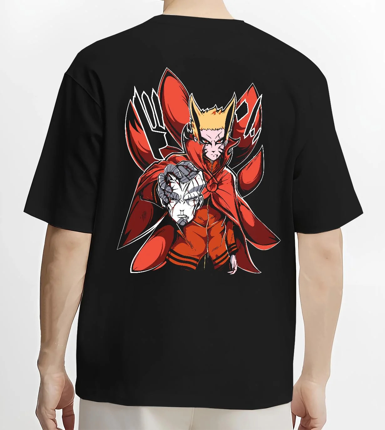 Black T-shirt worn by male model, back view with Naruto Uzumaki Hoodie Baryon Mode Battle Jumper graphic premium wear.