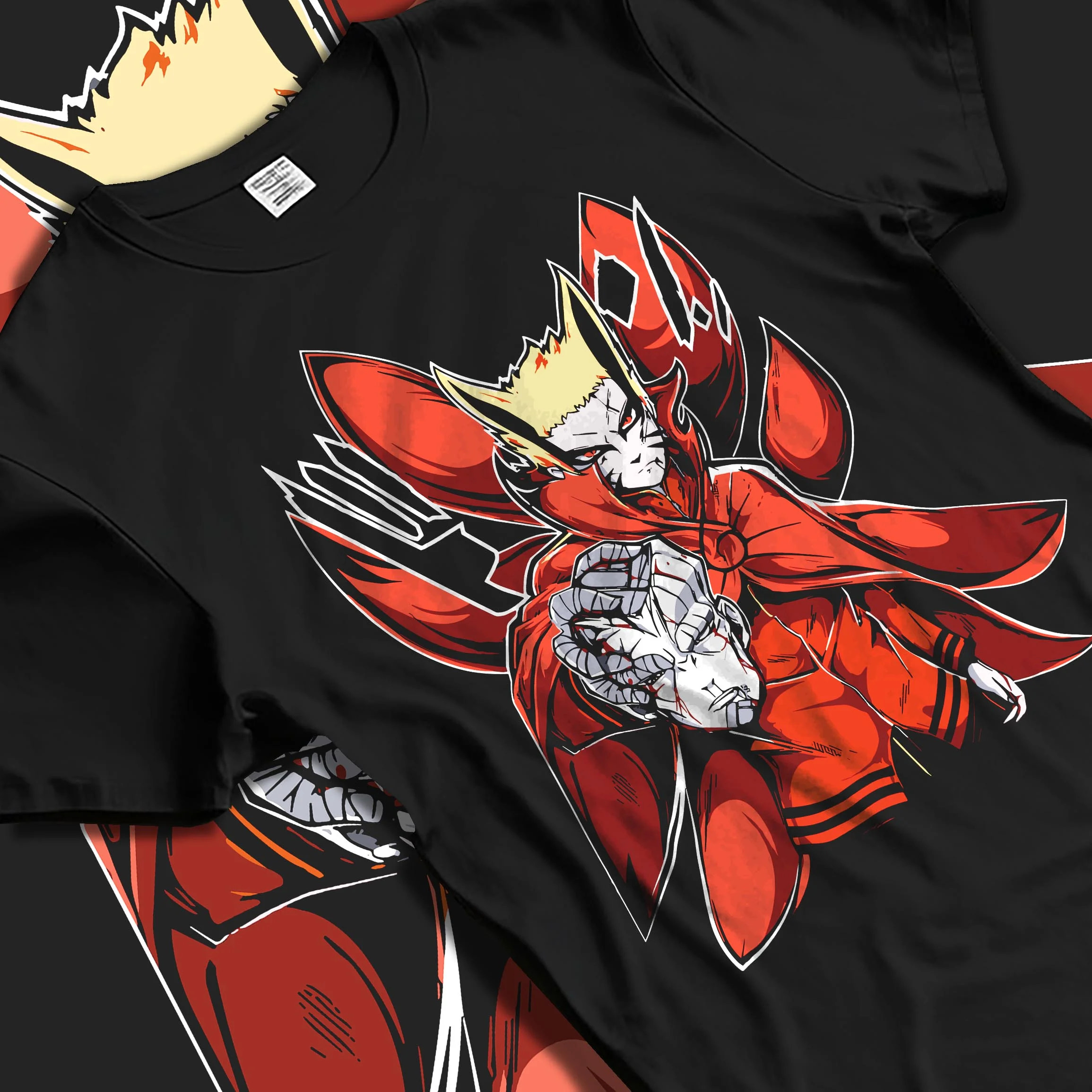 Black T-shirt laid flat with natural folds with Naruto Uzumaki Hoodie Baryon Mode Battle Jumper graphic streetwear graphic.