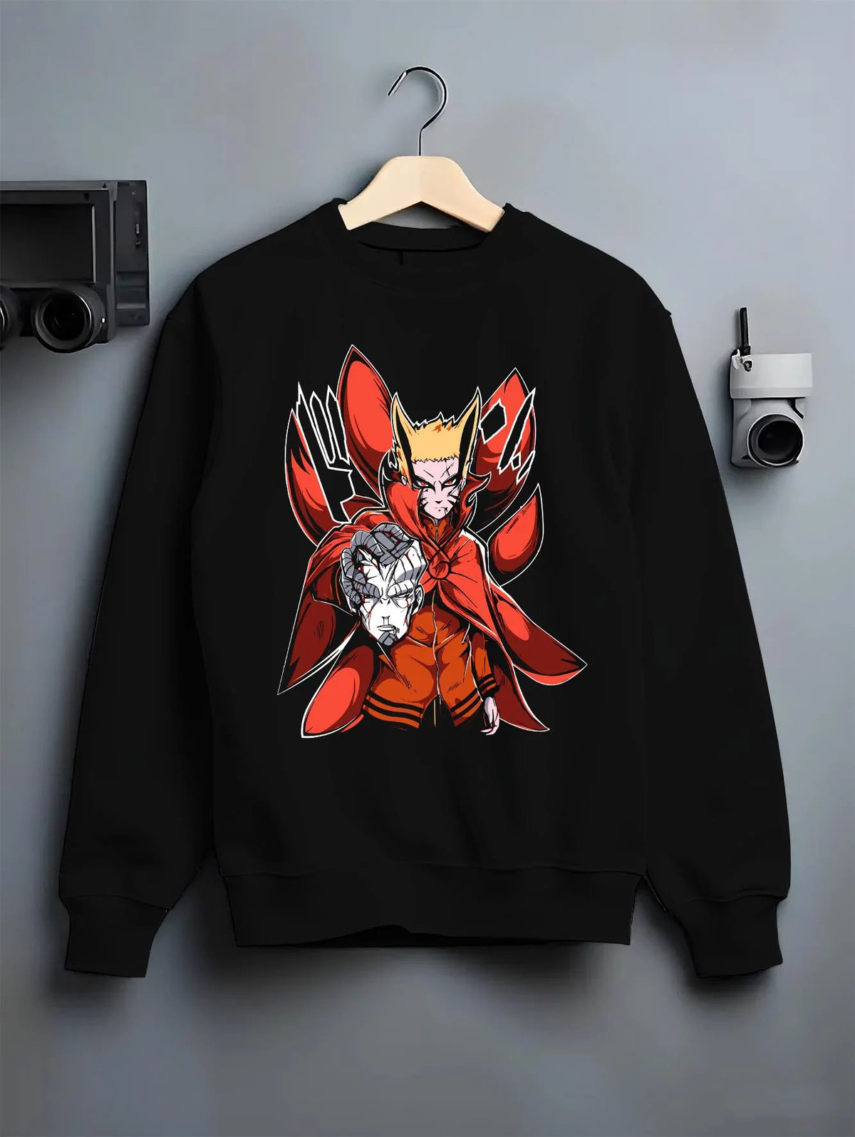 Black crewneck sweatshirt on hanger featuring Naruto Baryon Mode Kurama power artwork.