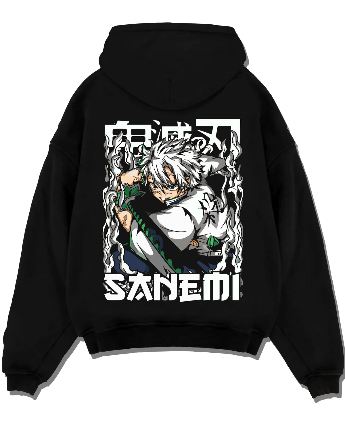 Black hoodie laid flat featuring Sanemi Shinazugawa battle-worn Demon Slayer artwork with bold anime graphic print.