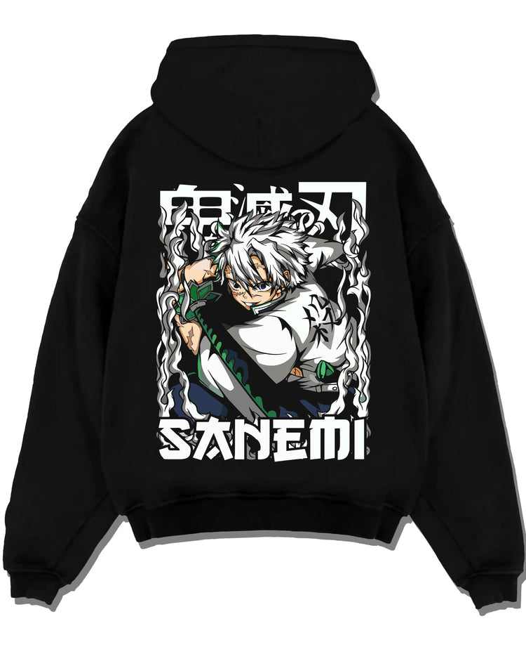 Black hoodie laid flat featuring Sanemi Shinazugawa battle-worn Demon Slayer artwork with bold anime graphic print.