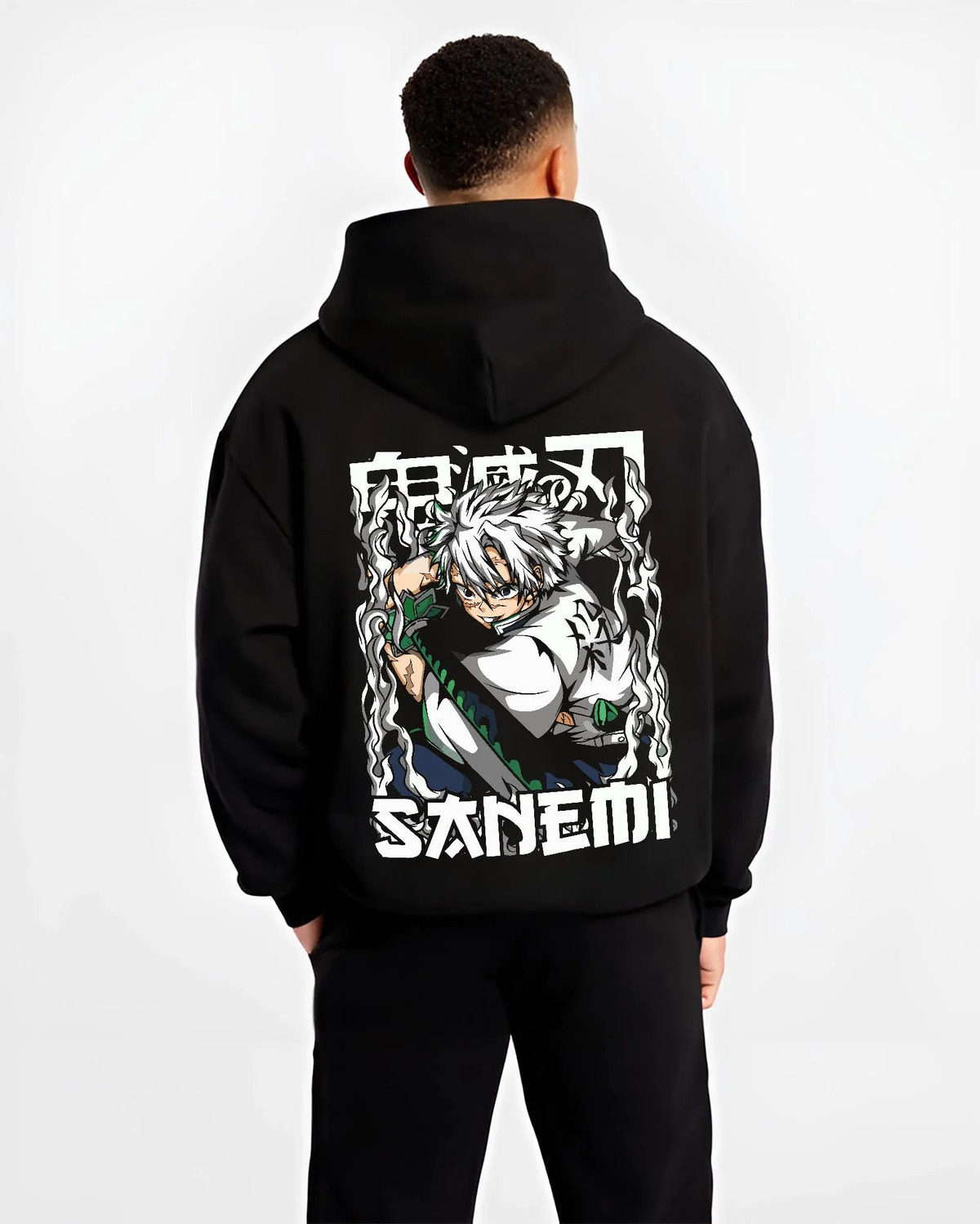 Black hoodie worn by male model from the back featuring Sanemi Shinazugawa battle-worn Demon Slayer artwork.