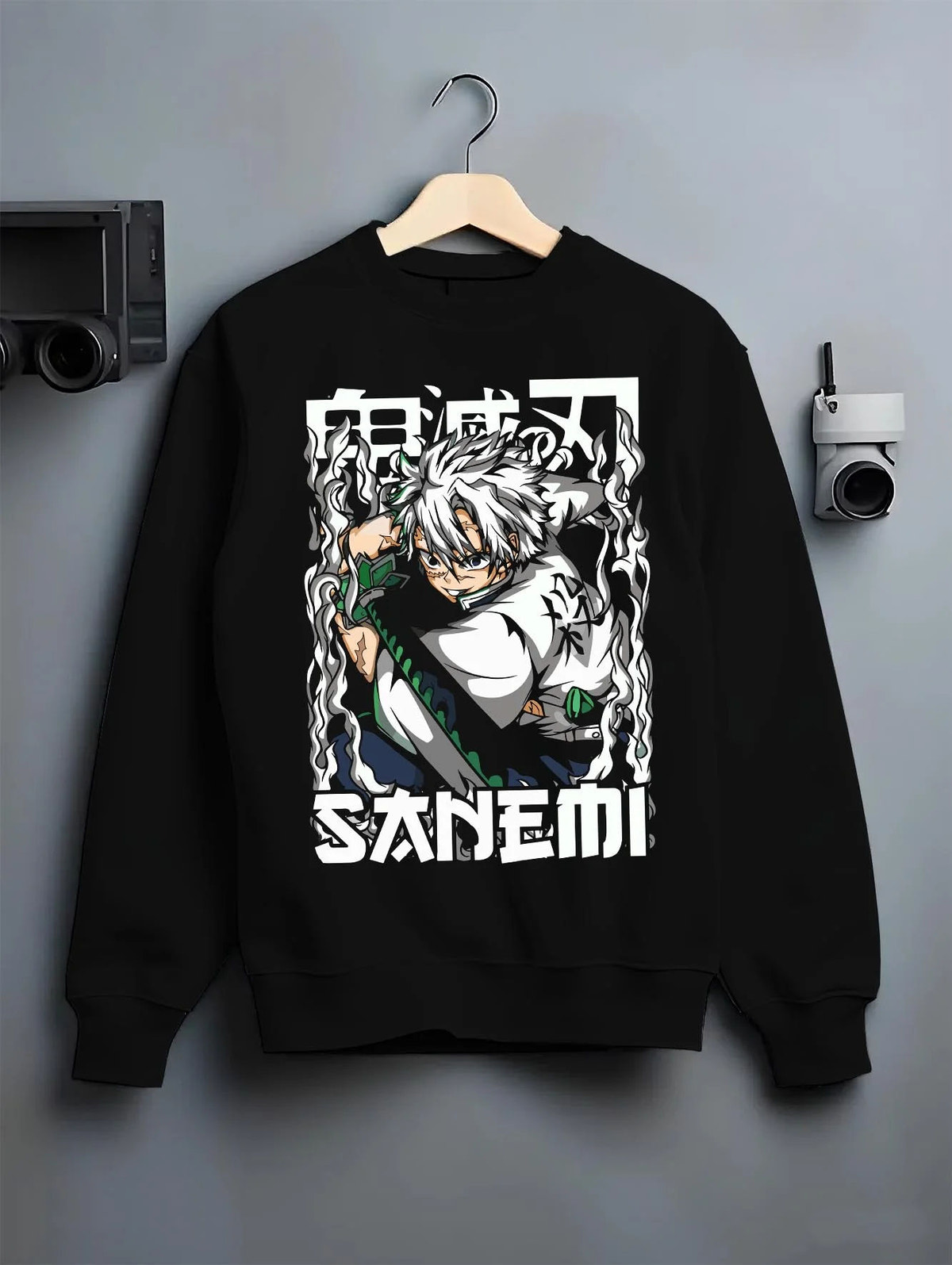 Black crewneck sweatshirt on hanger featuring Sanemi Shinazugawa battle-worn Demon Slayer artwork.