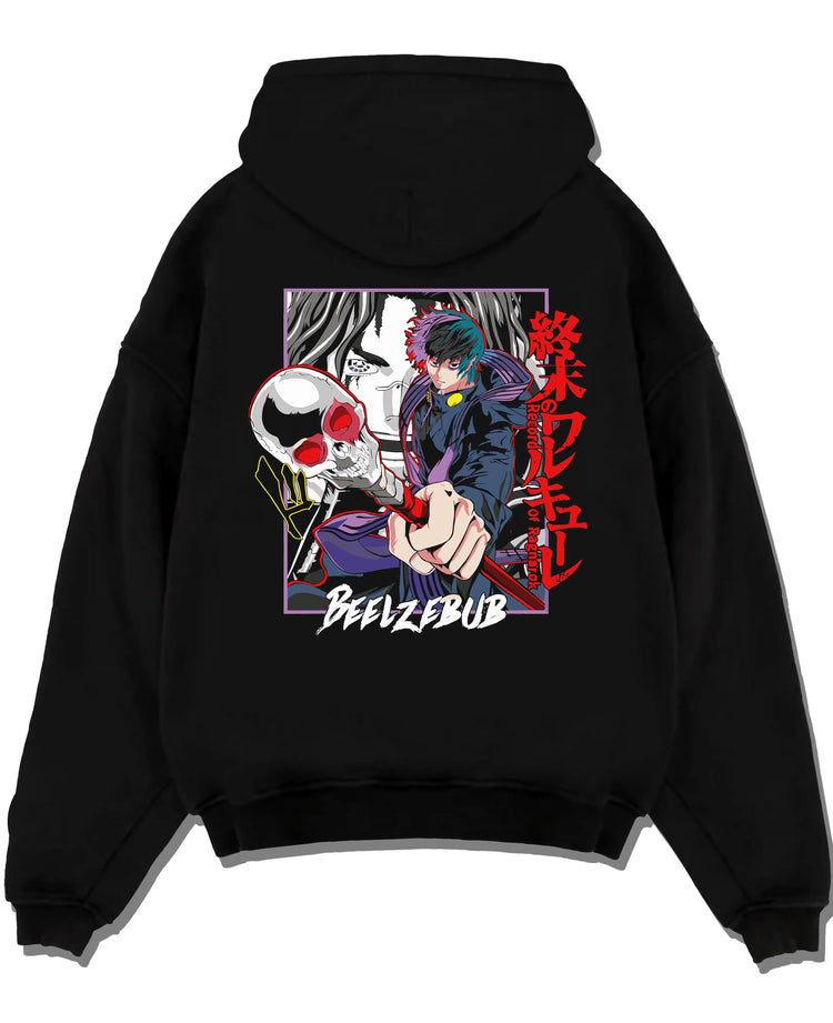 Black pullover hoodie laid flat with Beelzebub Hoodie Retro Anime Demon King Red Flame graphic streetwear graphic.