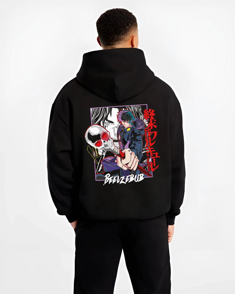 Black hoodie worn by male model, back view with Beelzebub Hoodie Retro Anime Demon King Red Flame graphic bold anime graphic.