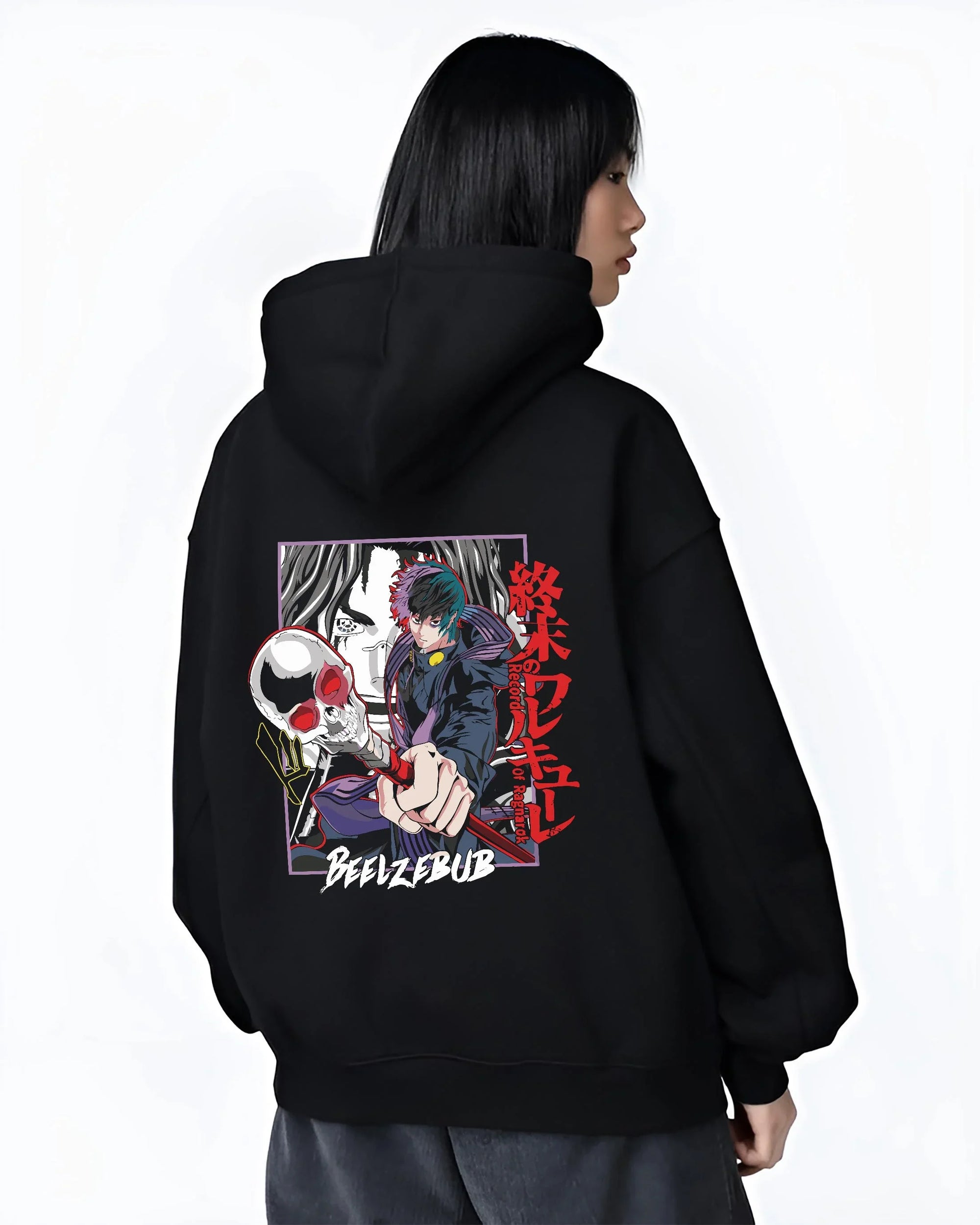 Black hoodie worn by female model, back view with Beelzebub Hoodie Retro Anime Demon King Red Flame graphic bold anime graphic.