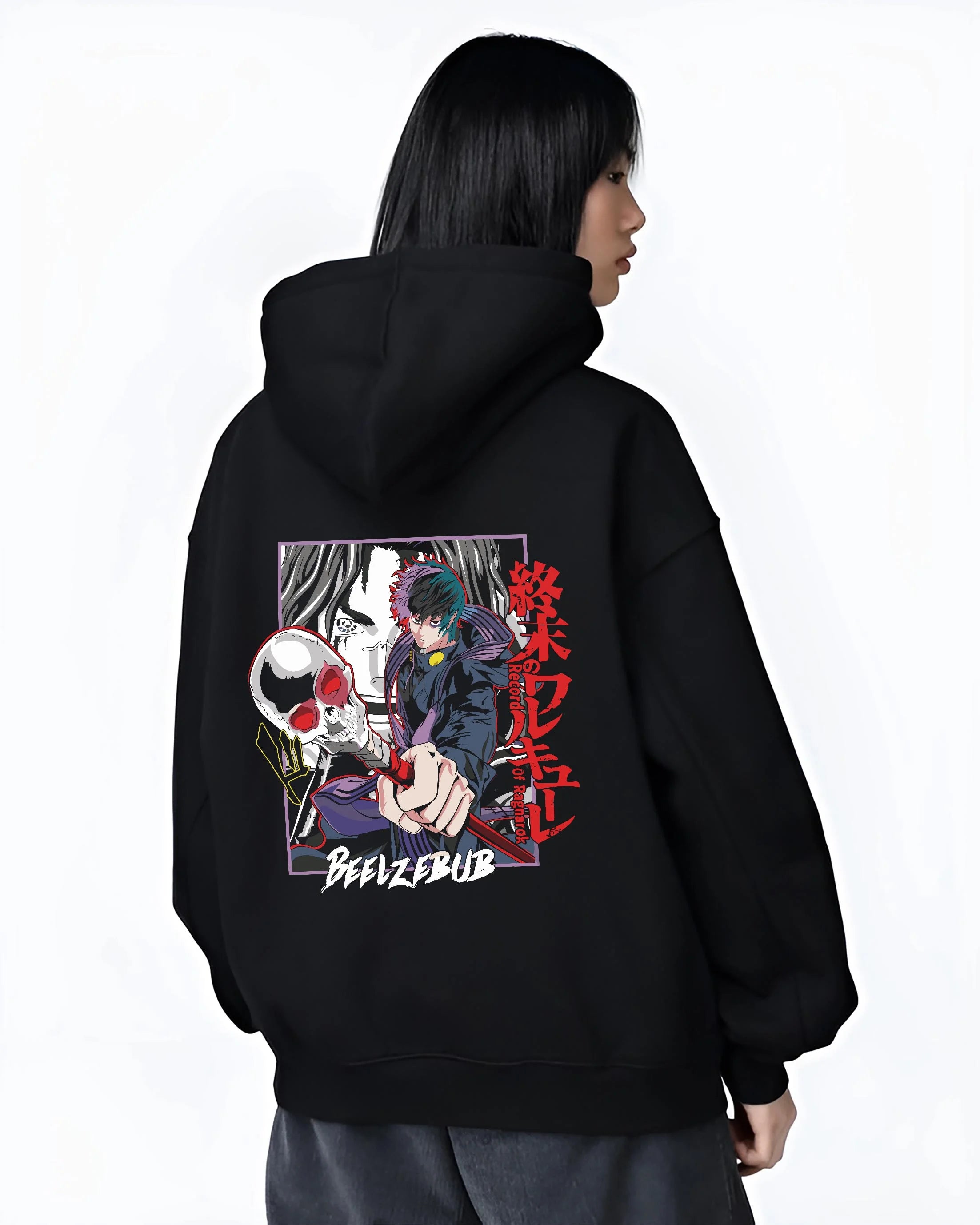 Black hoodie worn by female model, back view with Beelzebub Hoodie Retro Anime Demon King Red Flame graphic bold anime graphic.