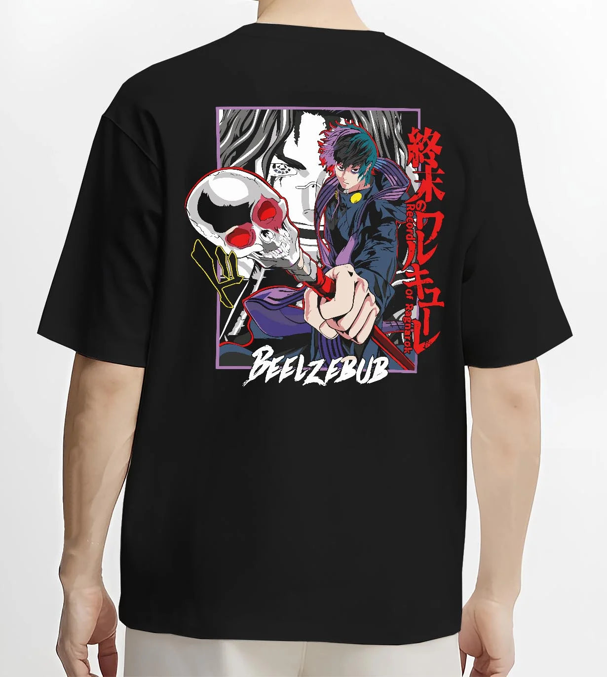 Black T-shirt worn by male model, back view with Beelzebub Hoodie Retro Anime Demon King Red Flame graphic premium wear.