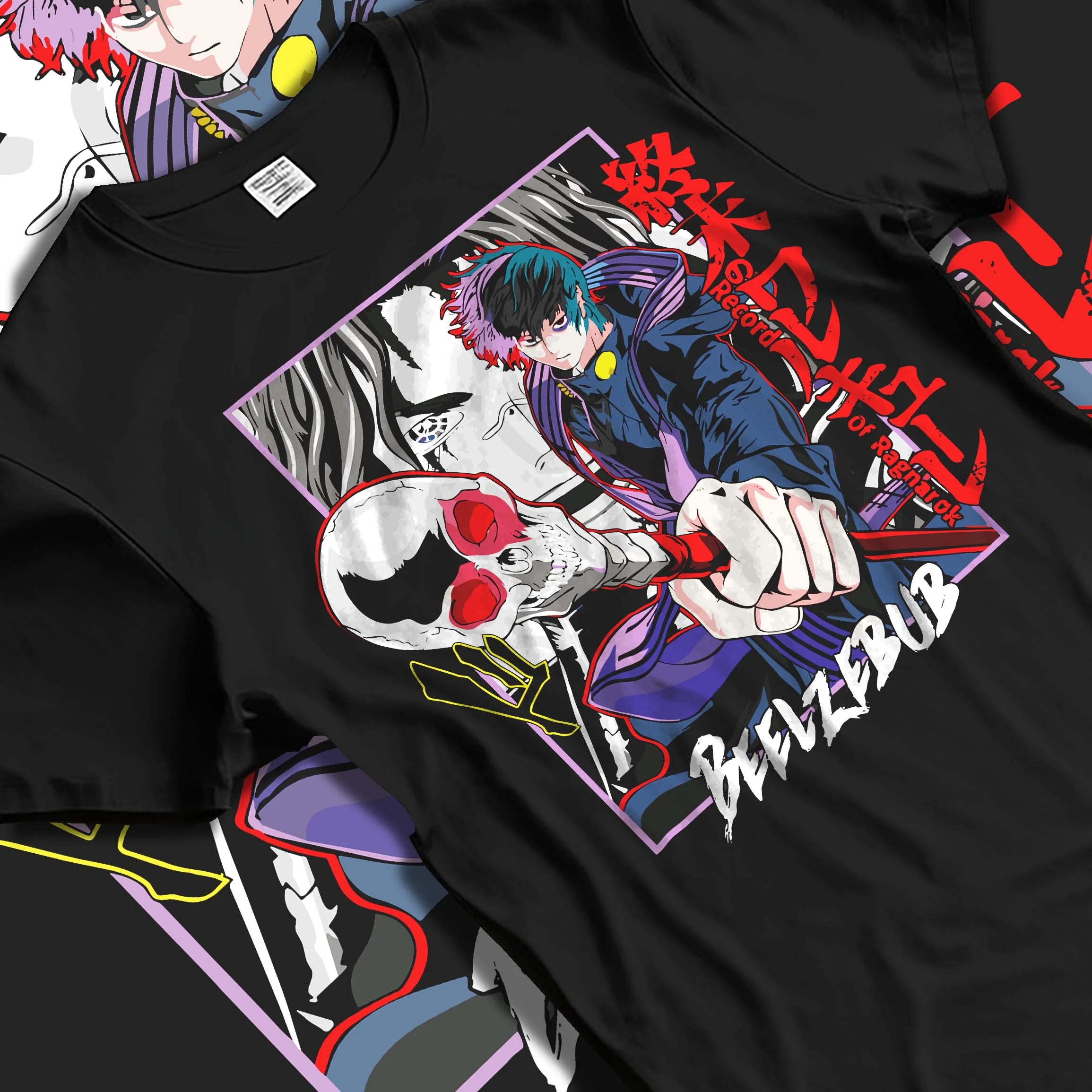 Black T-shirt laid flat with natural folds with Beelzebub Hoodie Retro Anime Demon King Red Flame graphic bold anime graphic.