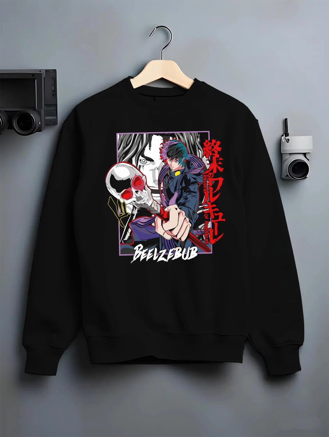 Black crewneck sweatshirt on hanger with Beelzebub Hoodie Retro Anime Demon King Red Flame graphic streetwear graphic.