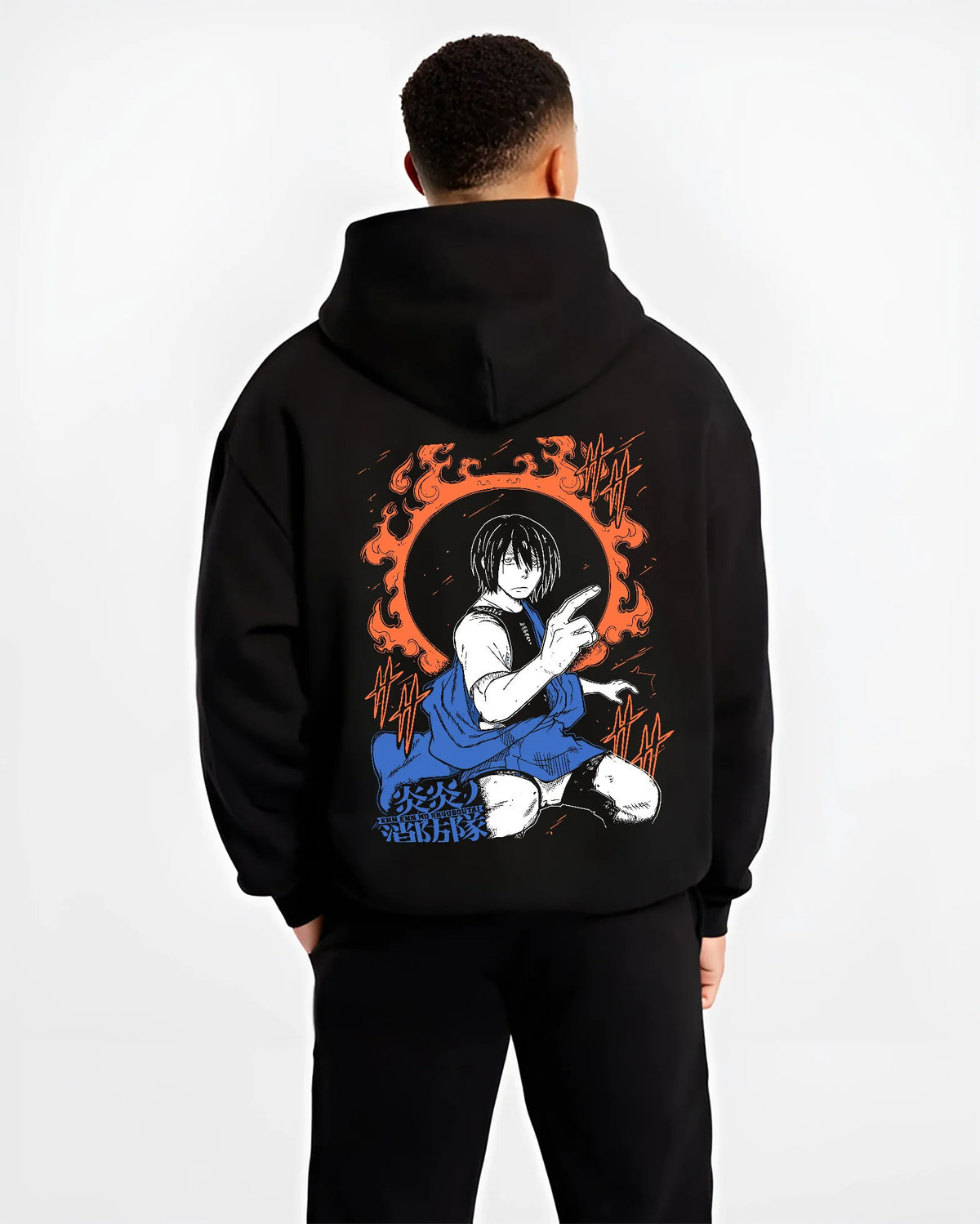 Black hoodie model back view showing Benimaru Shinmon from Fire Force: ring of fire pose