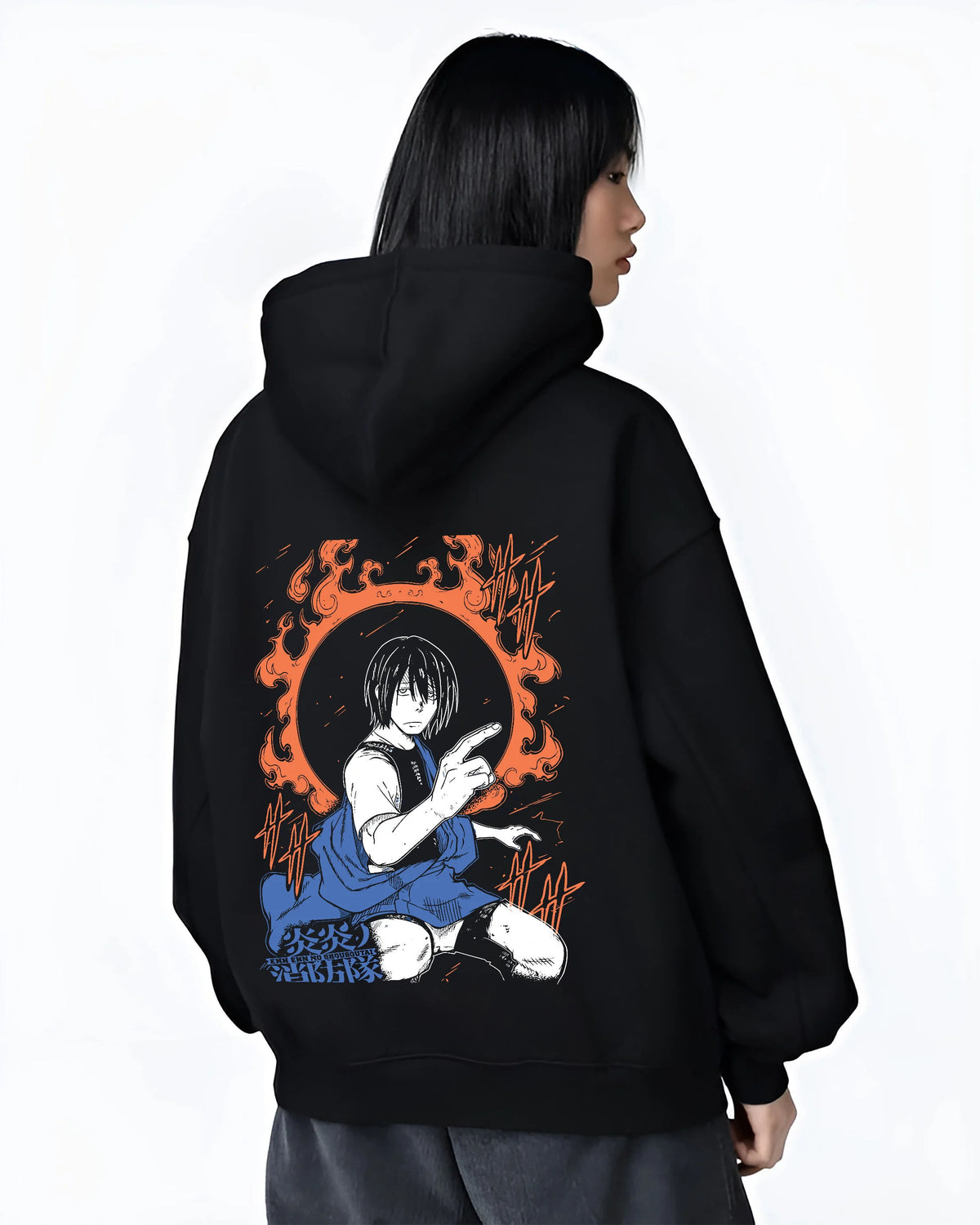 Black hoodie female model back view showing Benimaru Shinmon from Fire Force: ring of fire pose